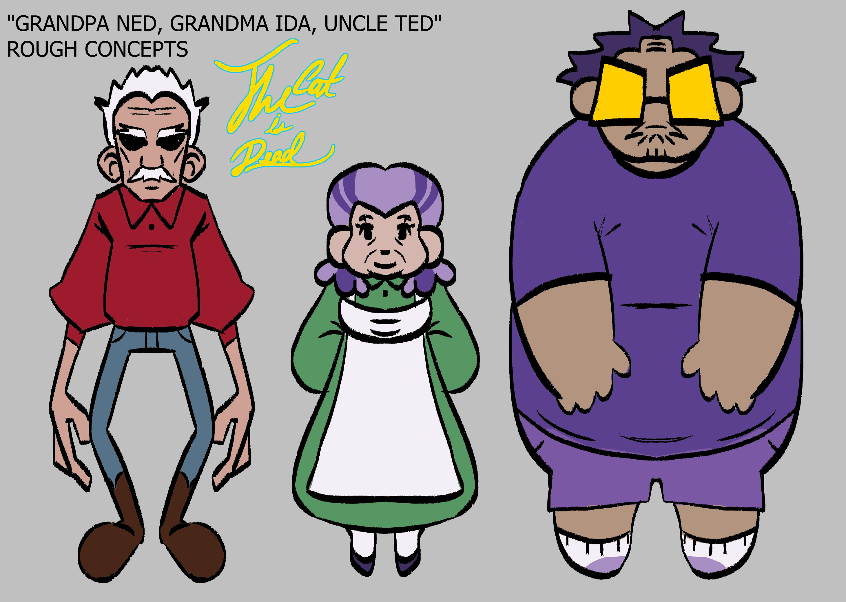 (From left to right) "GRANDPA NED, GRANDMA IDA, AND UNCLE NED", rough concepts for "THE CAT IS DEAD", an upcoming multi-media animated music video.