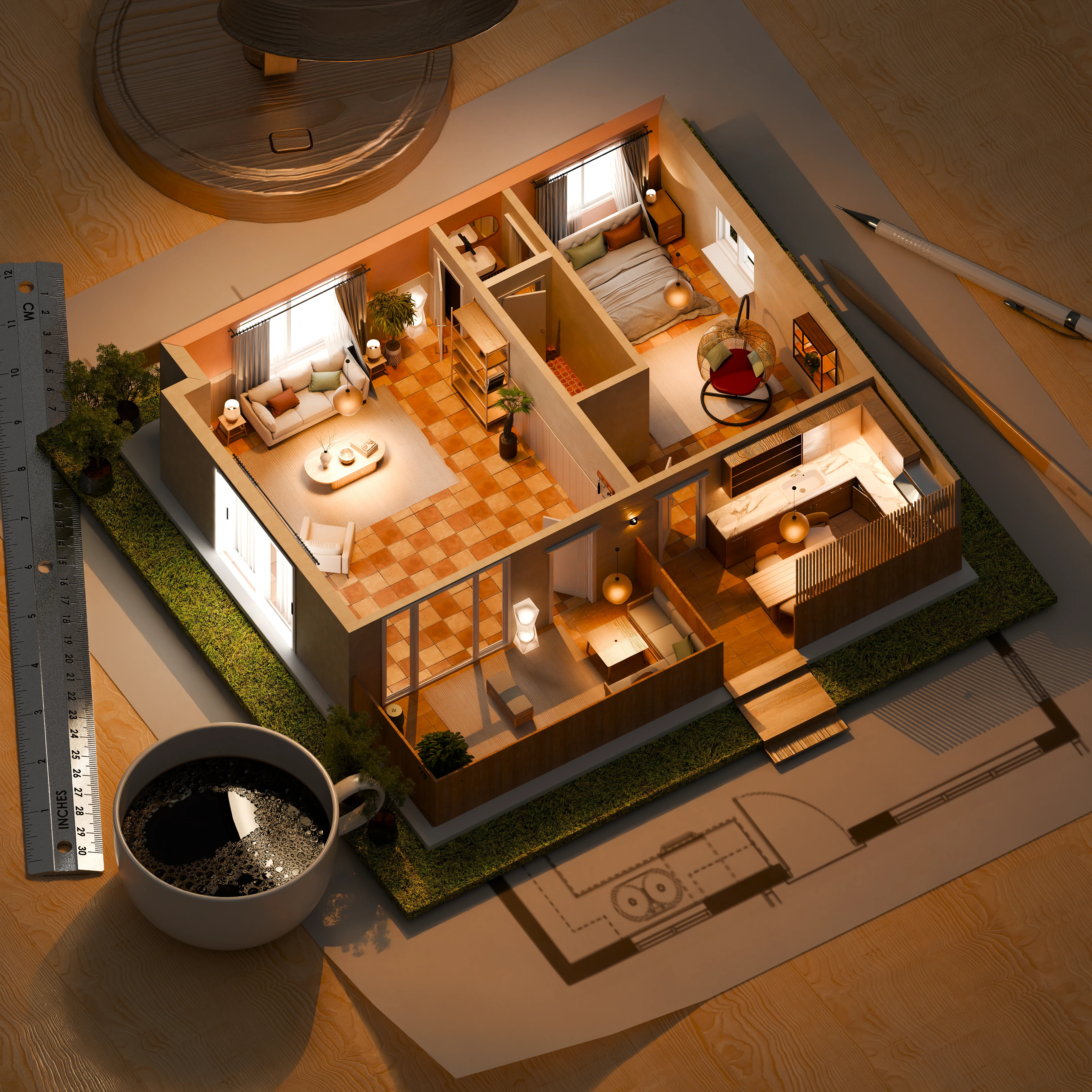 Fully furnished 3D floor plan with realistic textures and warm lighting, designed for residential marketing and client presentations.