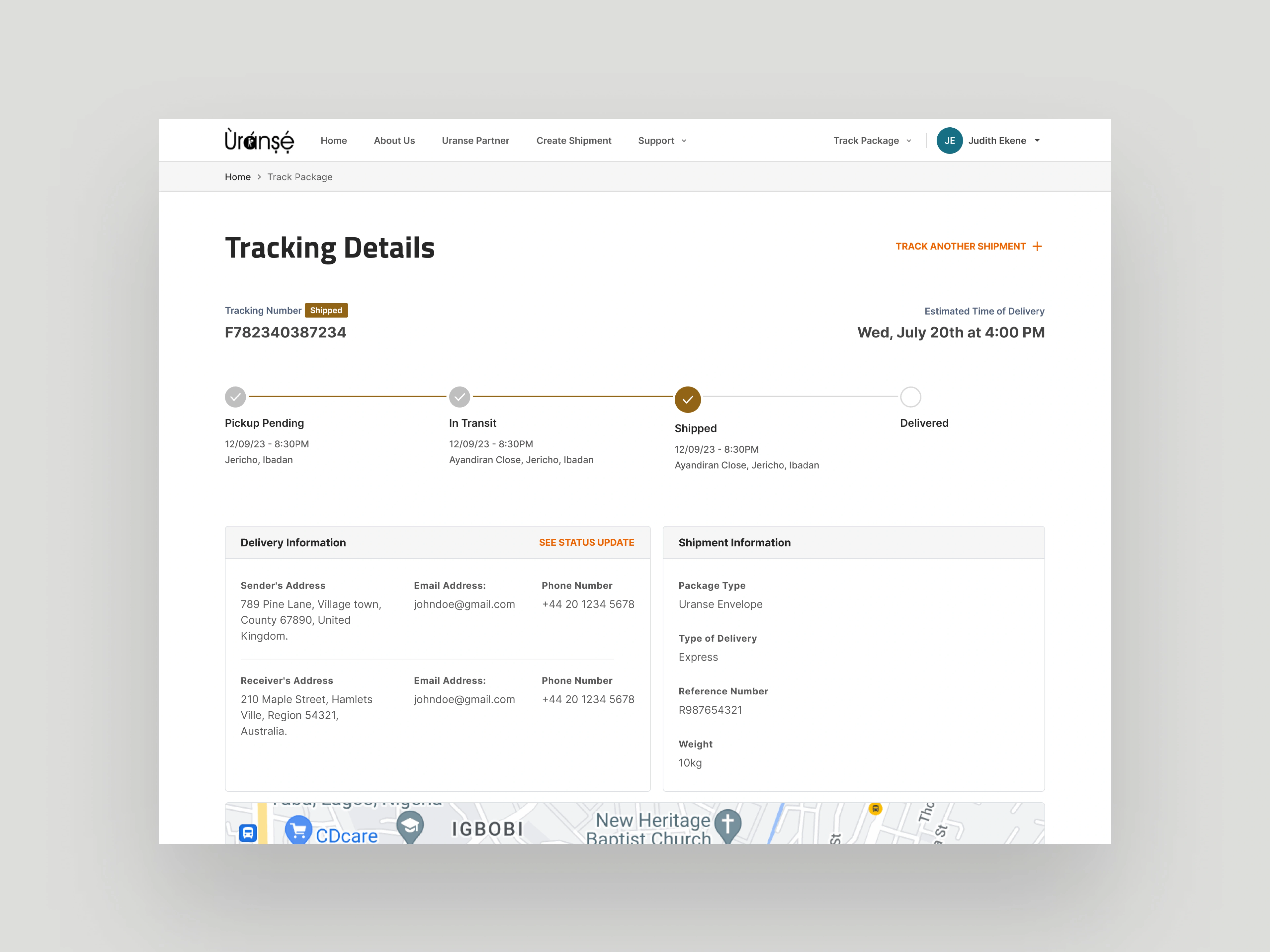Shipment Tracking Details Screen