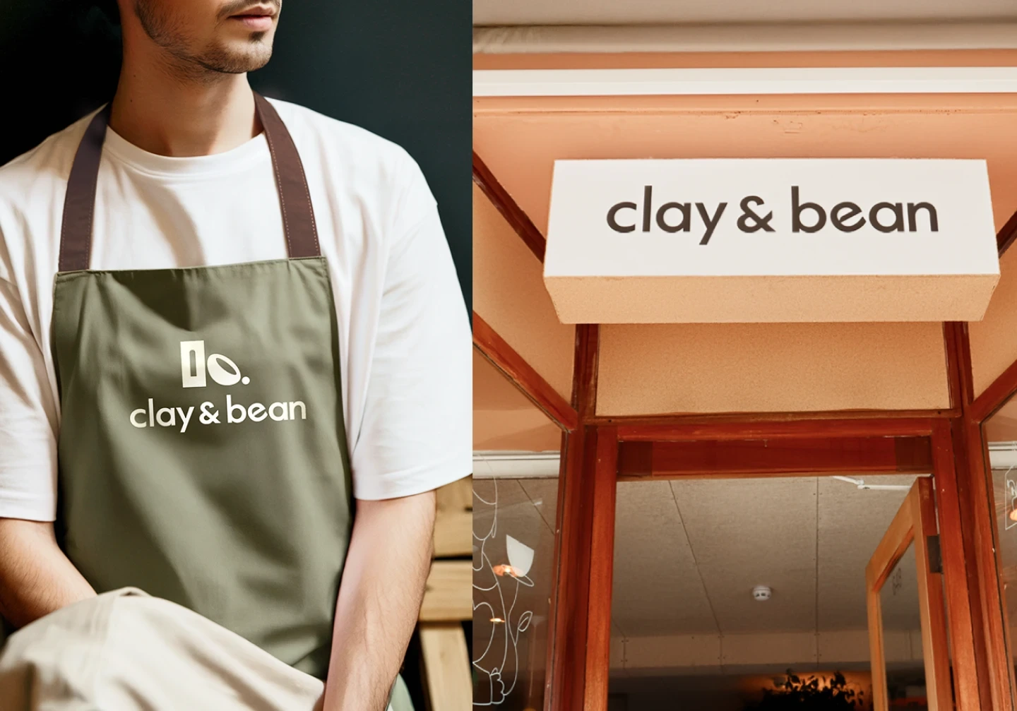 Clay & Bean branding shown on a barista apron and exterior café sign above the shop entrance.