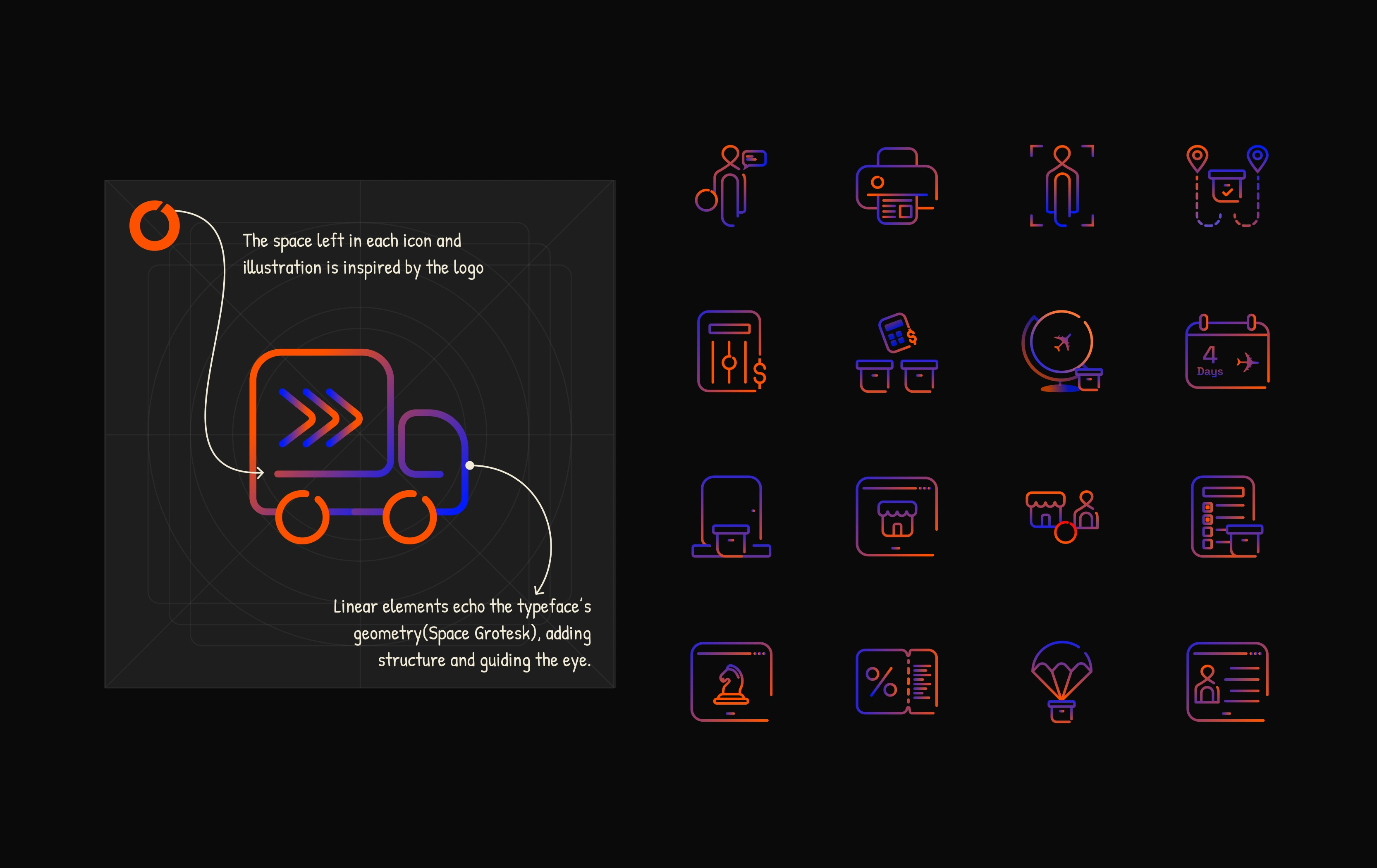 Early icon explorations built on a custom geometric grid, establishing structure, rhythm, and consistent visual language across the entire system.