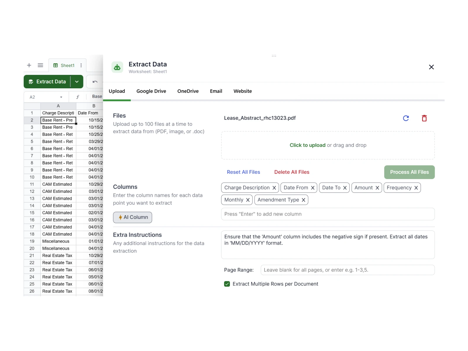 Data Extraction Dashboard. Job completed in under 1 minute.