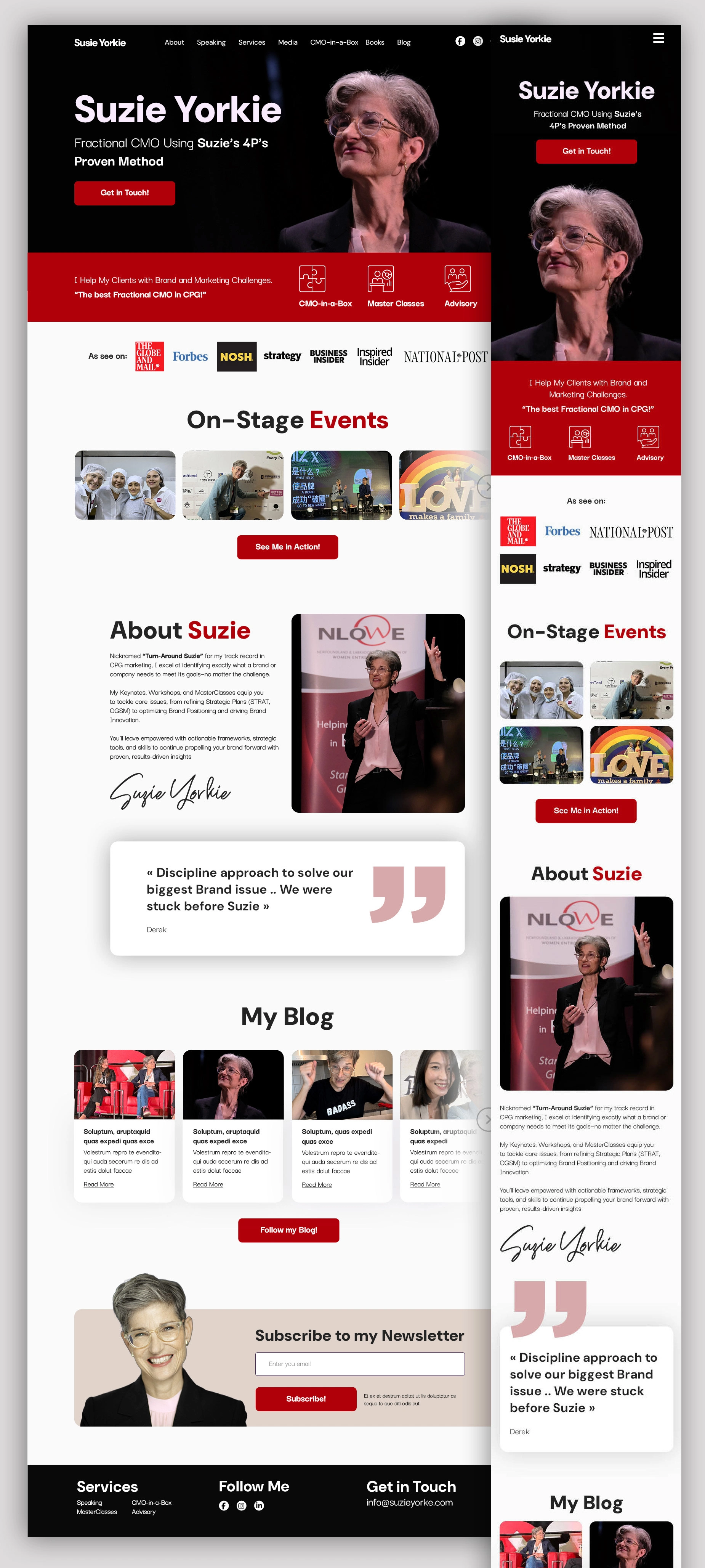 Homepage design for Susie Yorkie highlighting CTAs for the "CMO in a Box" mentorship program.