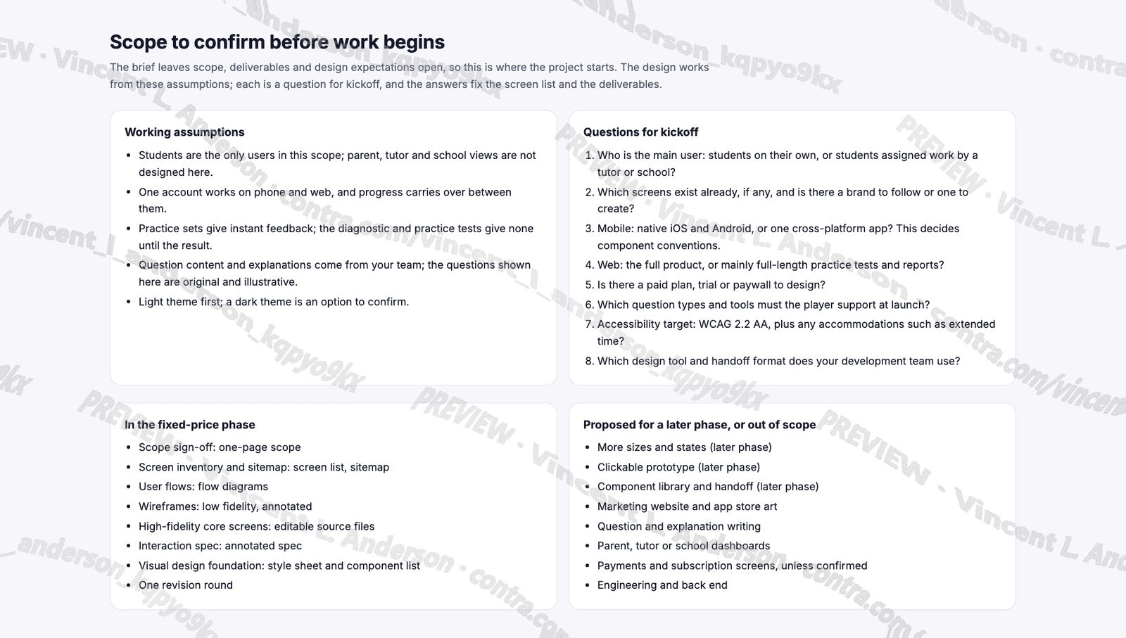 Scope to confirm: assumptions, kickoff questions, fixed-price phase and later phase