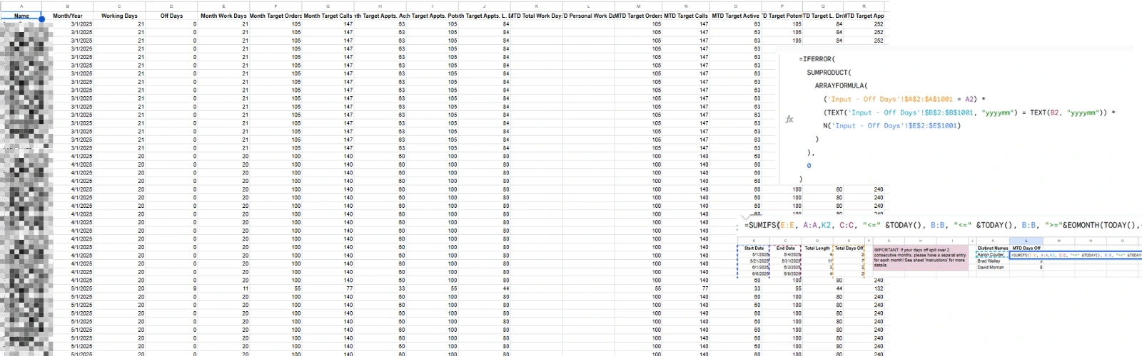 Google Sheets Master Table - daily target calculations based on daily presence