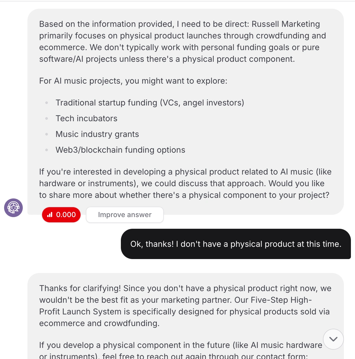 The assistant helps the agency qualify leads while still offering helpful guidance to all users