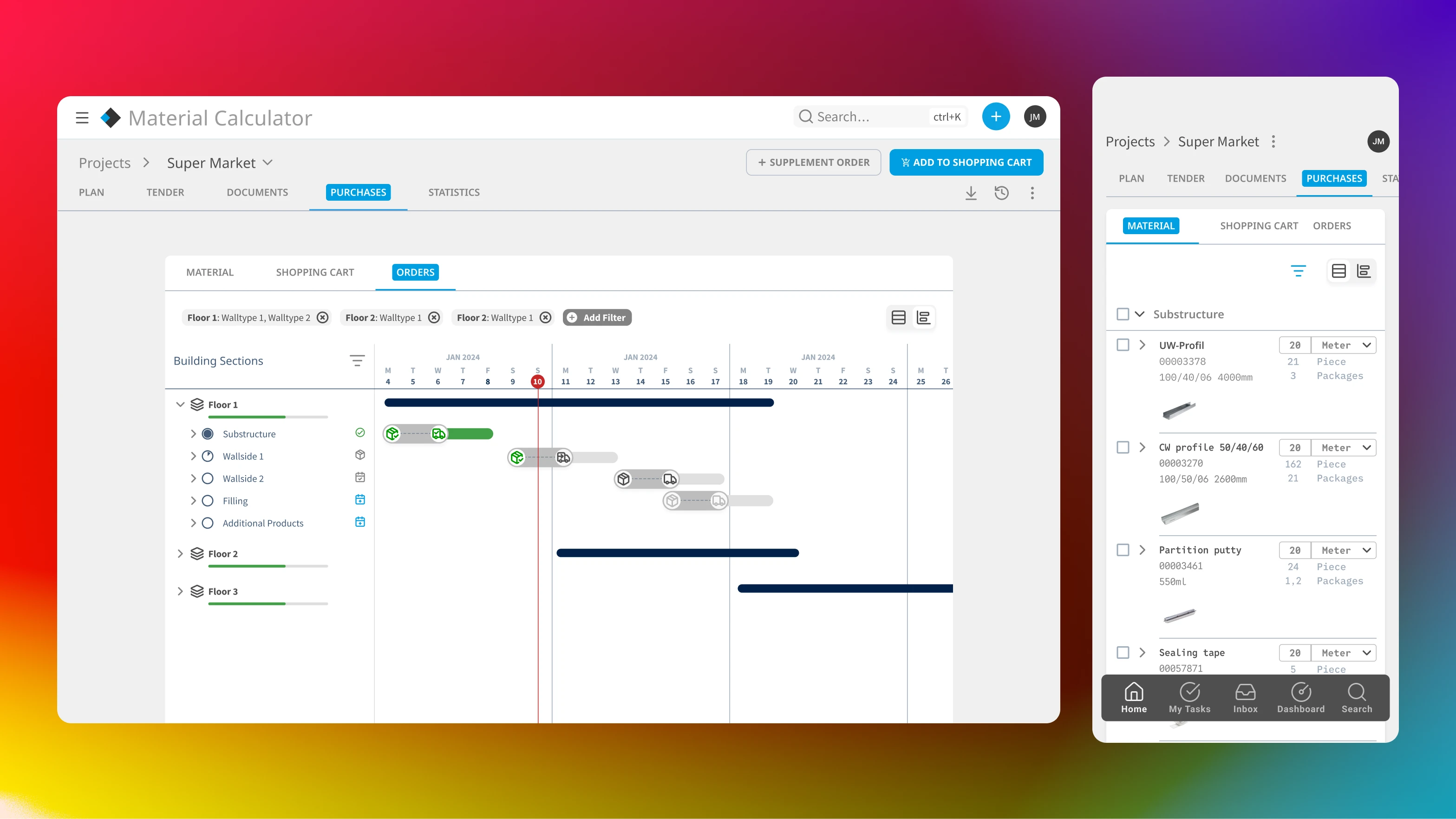 Ordering materials used to happen over phone calls and guesswork. We introduced structured, flexible ordering, by floor, phase, or wall type; plus real-time delivery tracking.