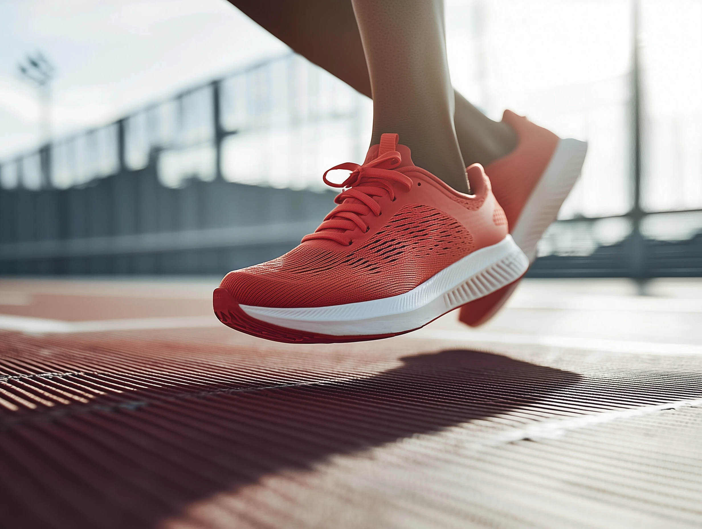 Dynamic running shoes captured in action on urban track. High-contrast lighting with bold shadows creating energetic atmosphere. Flamboyant color palette with vibrant reds, striking accents, and powerful highlights. Professional sports photography with movement-focused composition and performance-driven styling. Negative prompt: static, boring, passive, dull colors, lifeless, slow feeling, low energy, bland composition, uninspiring, weak colors