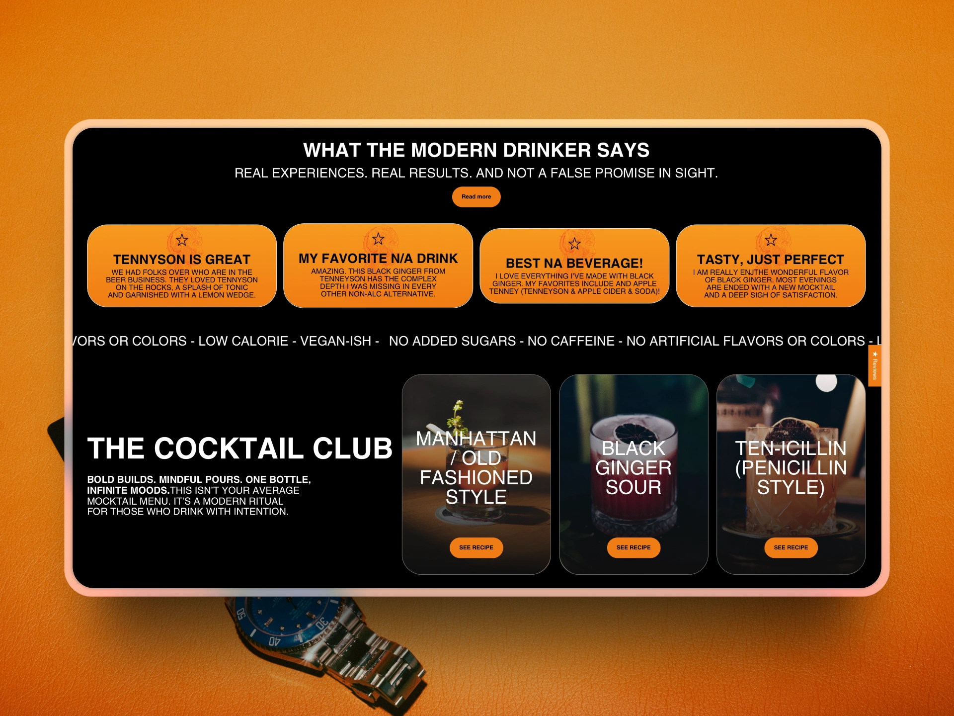 Tenneyson testimonials and cocktails section