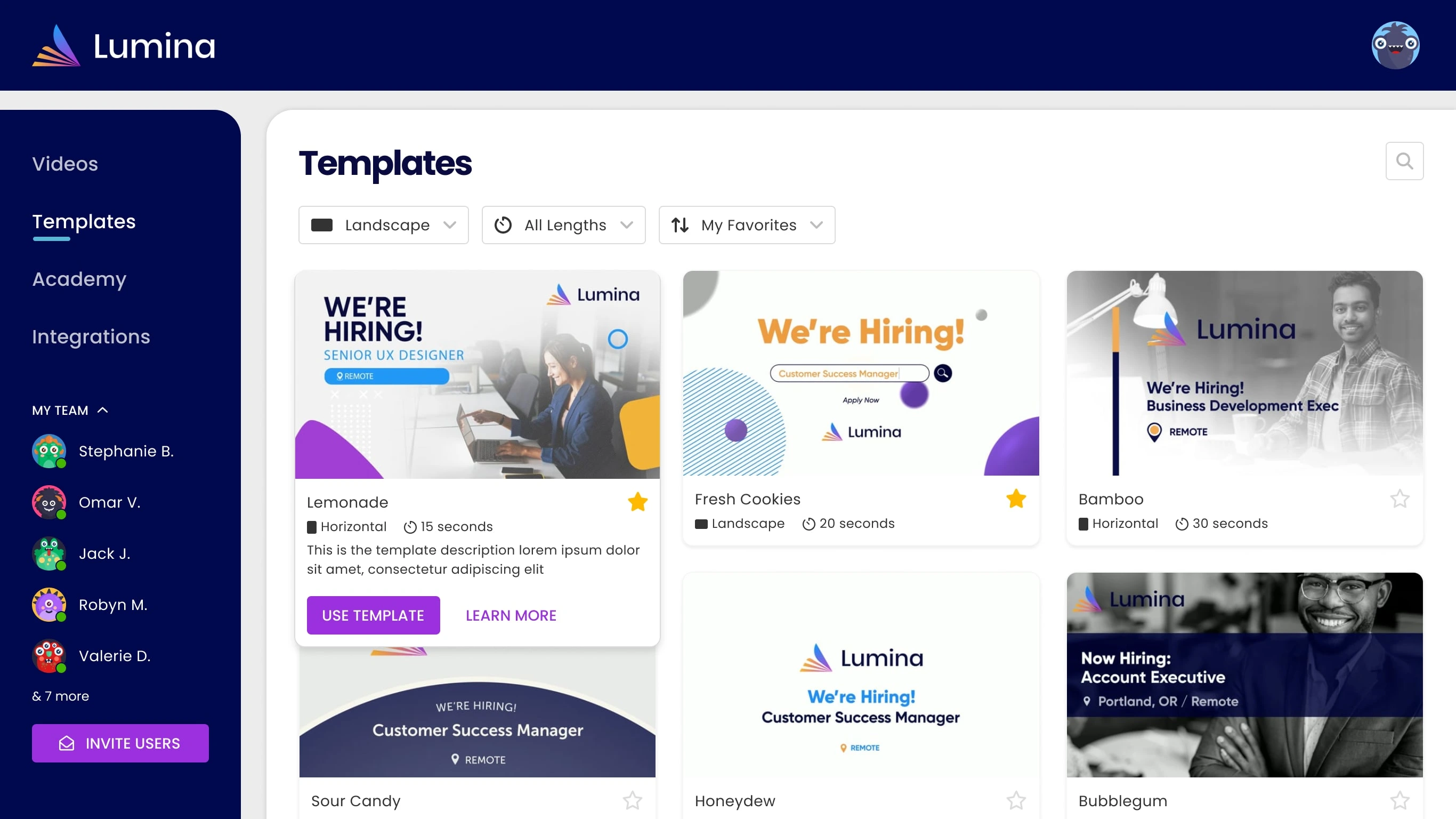 The video template gallery enables customers to sort, filter, and preview templates they can use for new videos. 
