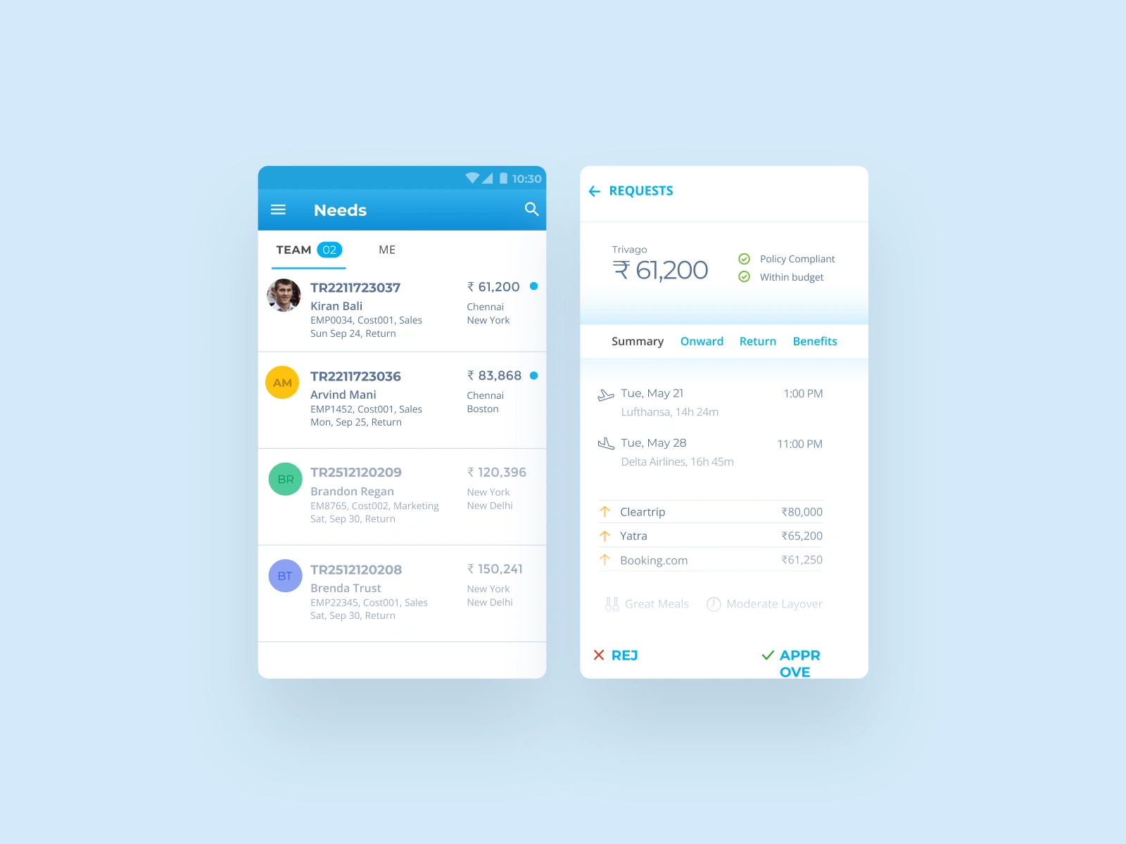 Manage Approvals Mobile view