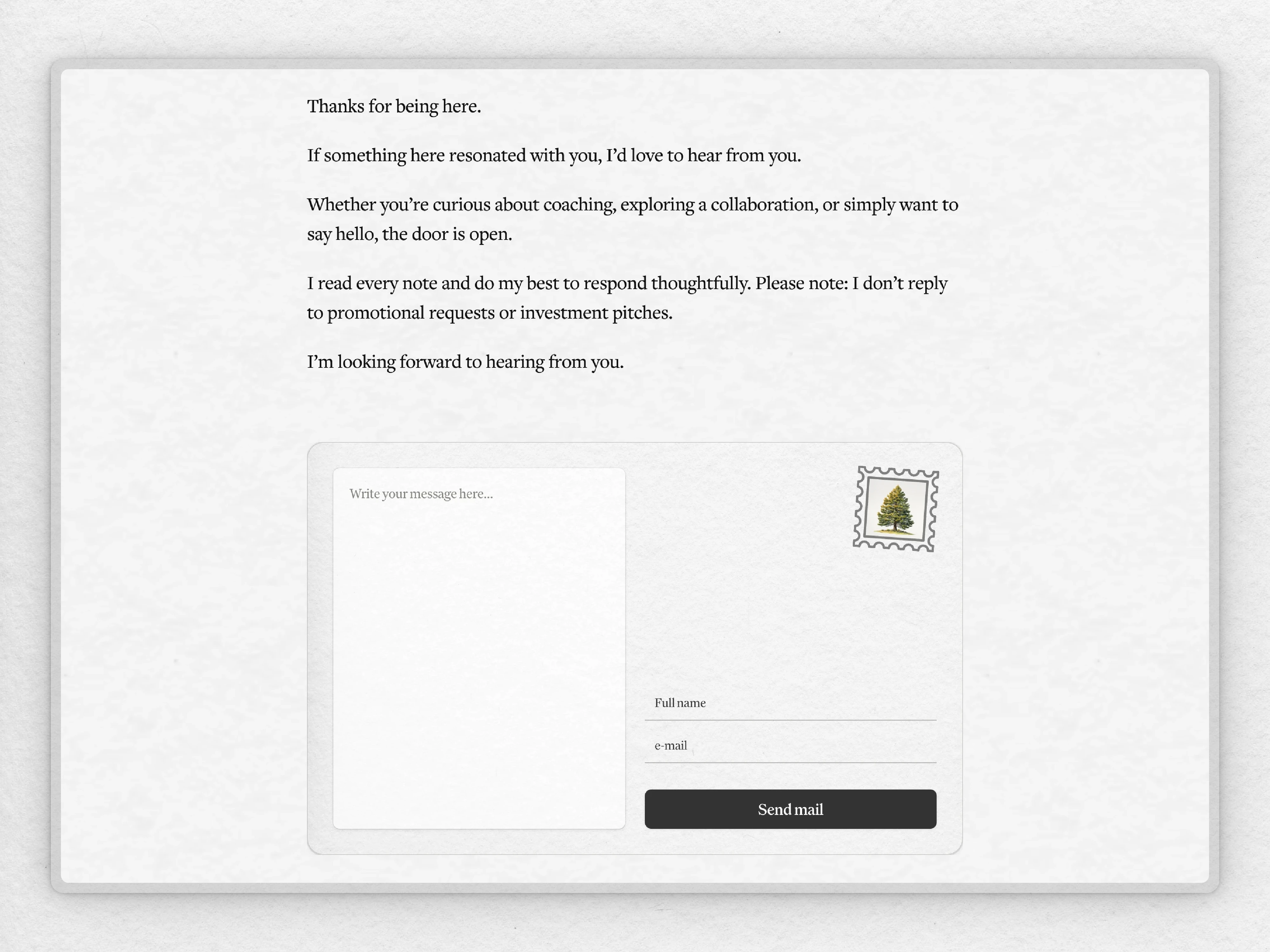 Contact form where you can send a postcard to Steve