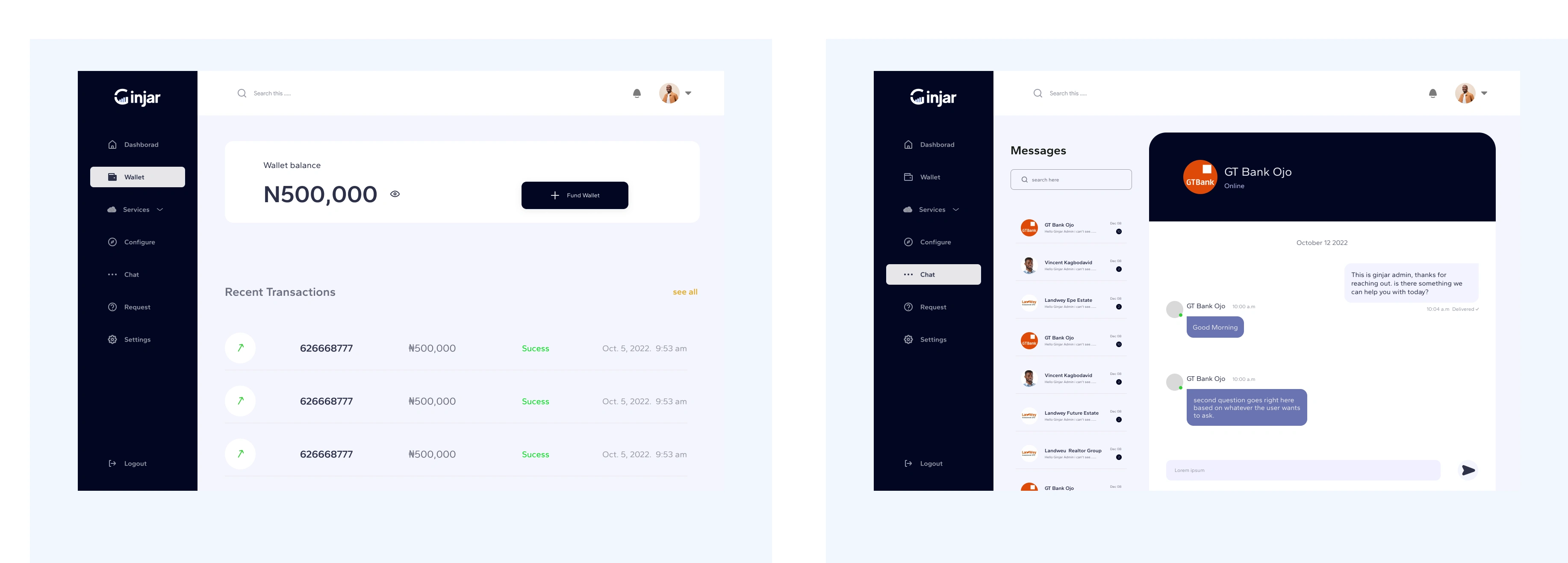 Admin Wallet Dashboard, Chat UI