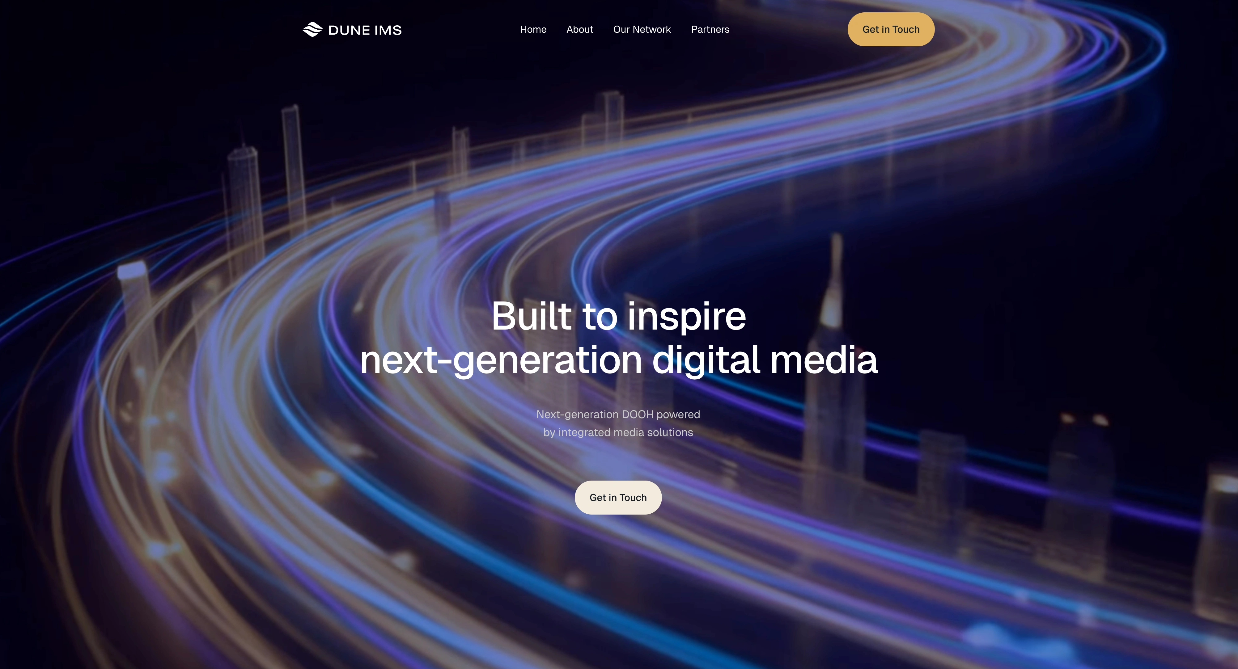 Homepage hero showcasing DUNE IMS’s next-generation digital media network and brand positioning.