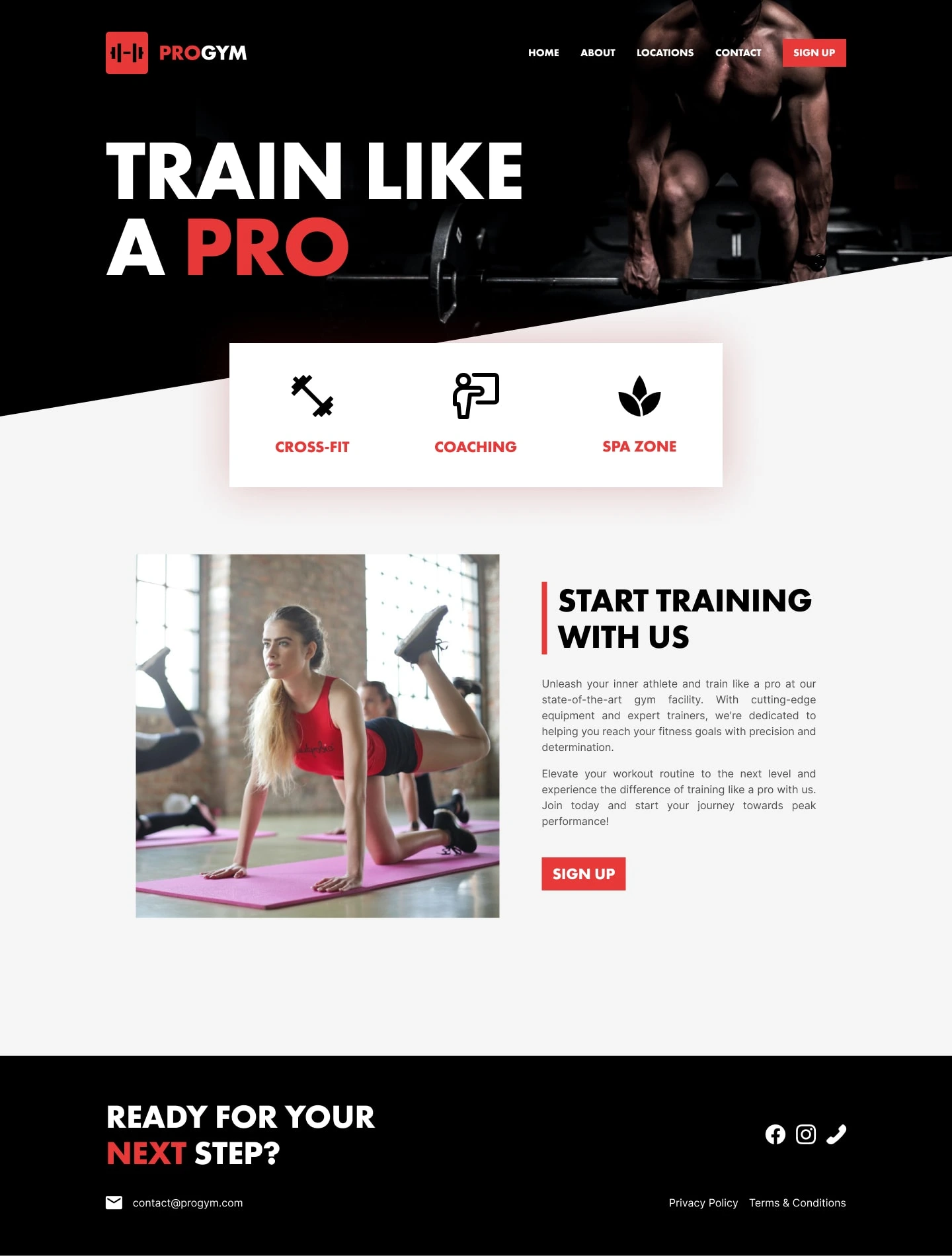 Simple design of a homepage for gym network.