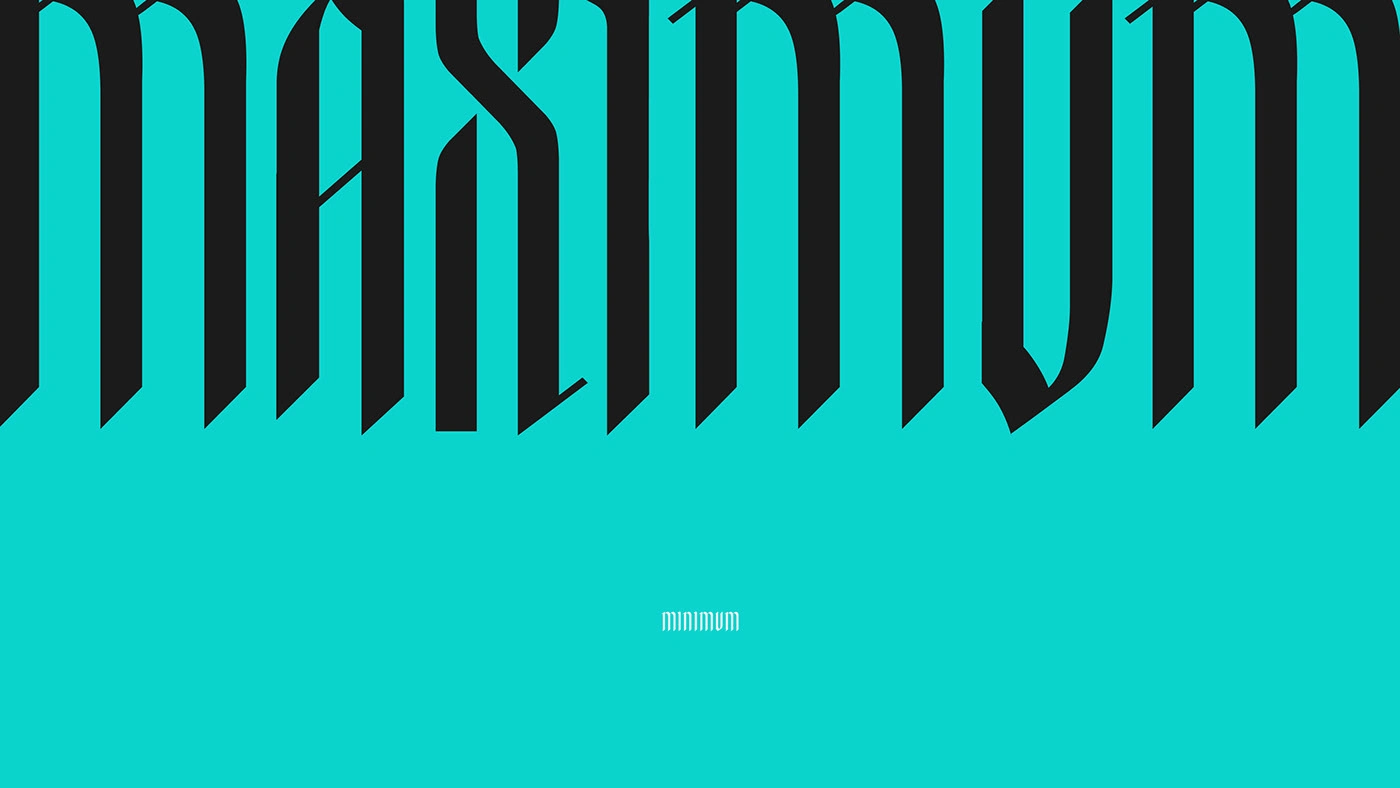 . This striking visual demonstrates the inherent rhythm and stylistic contrast within the Waikiki typeface. By juxtaposing the tall, imposing forms of the uppercase letters ("MAXIMUM") with the small, refined scale of the lowercase ("minimum"), it showcases the font's versatility for creating strong visual hierarchy and compelling display headlines, while maintaining the unique fluid-Gothic aesthetic.