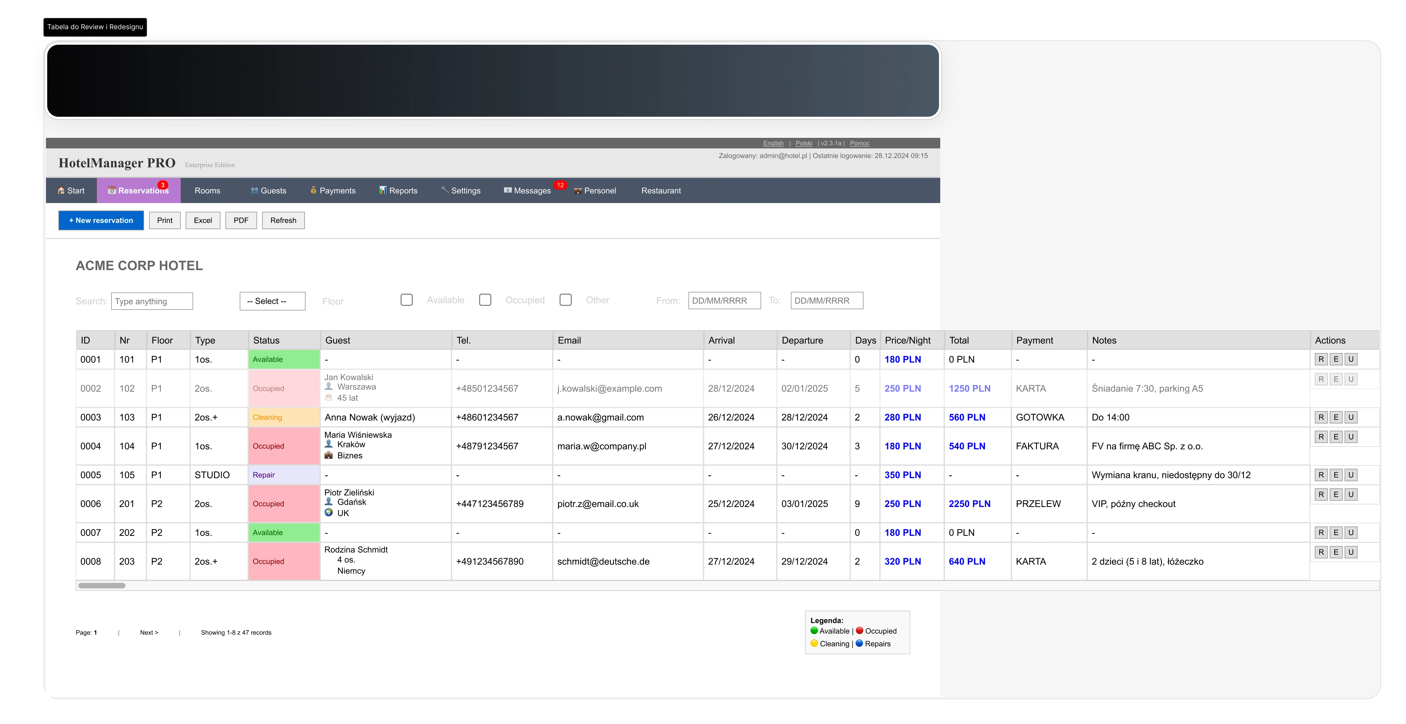 Original table as a hotel management service