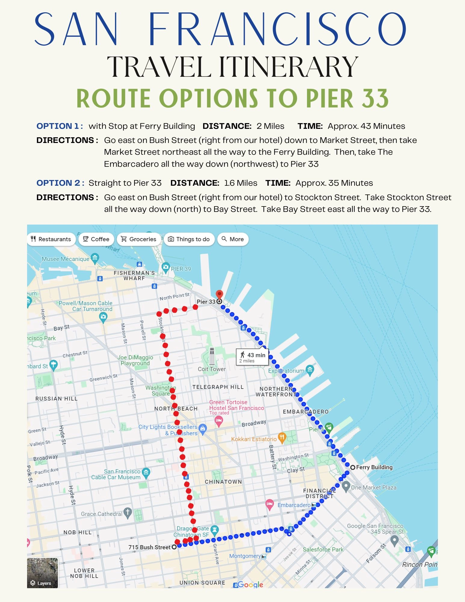 Custom walking routes to Pier 33 (Alcatraz departure point), designed for flexibility based on time and scenic preferences 