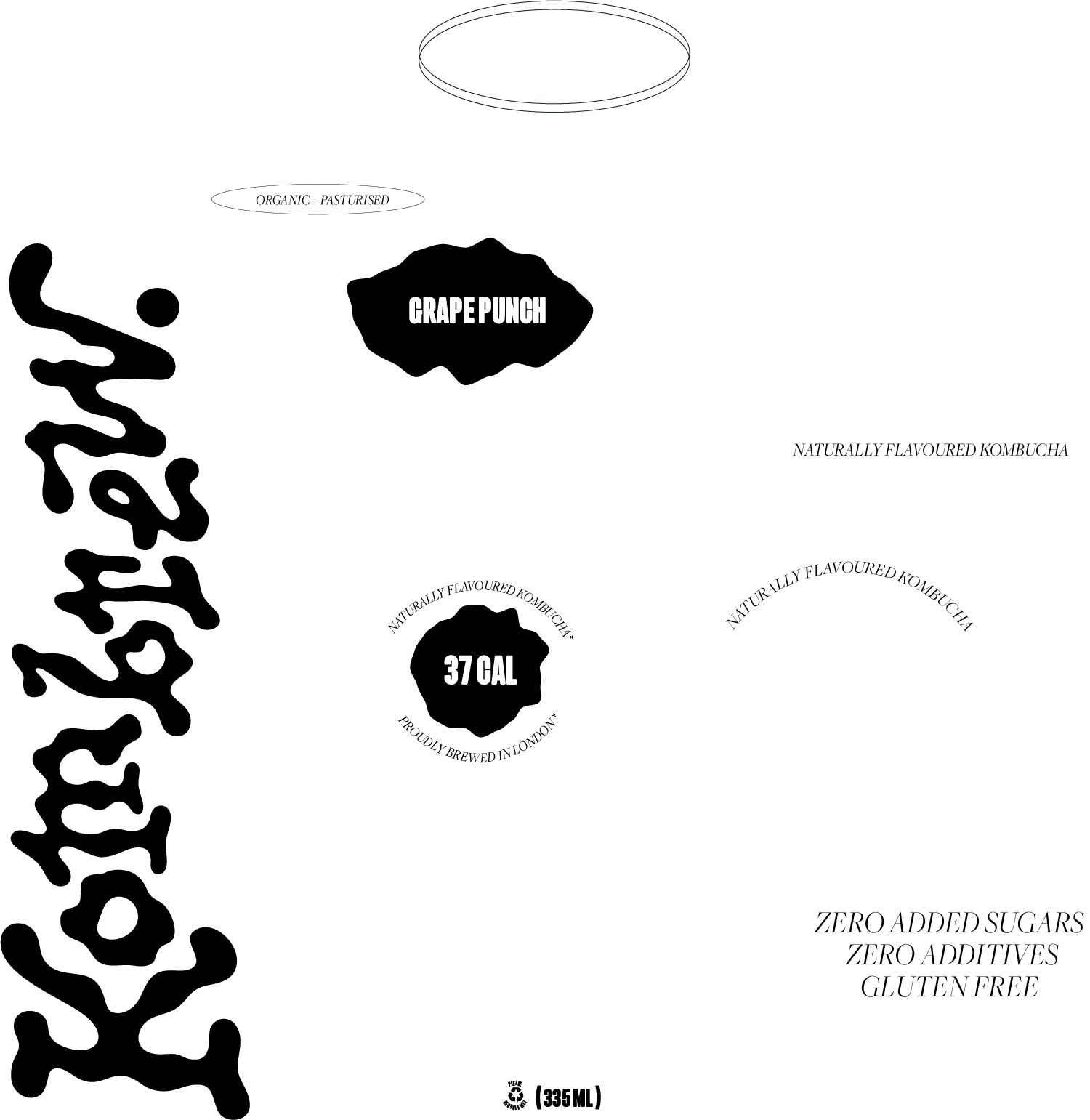 A black and white version and flat layout of the front soda can packaging