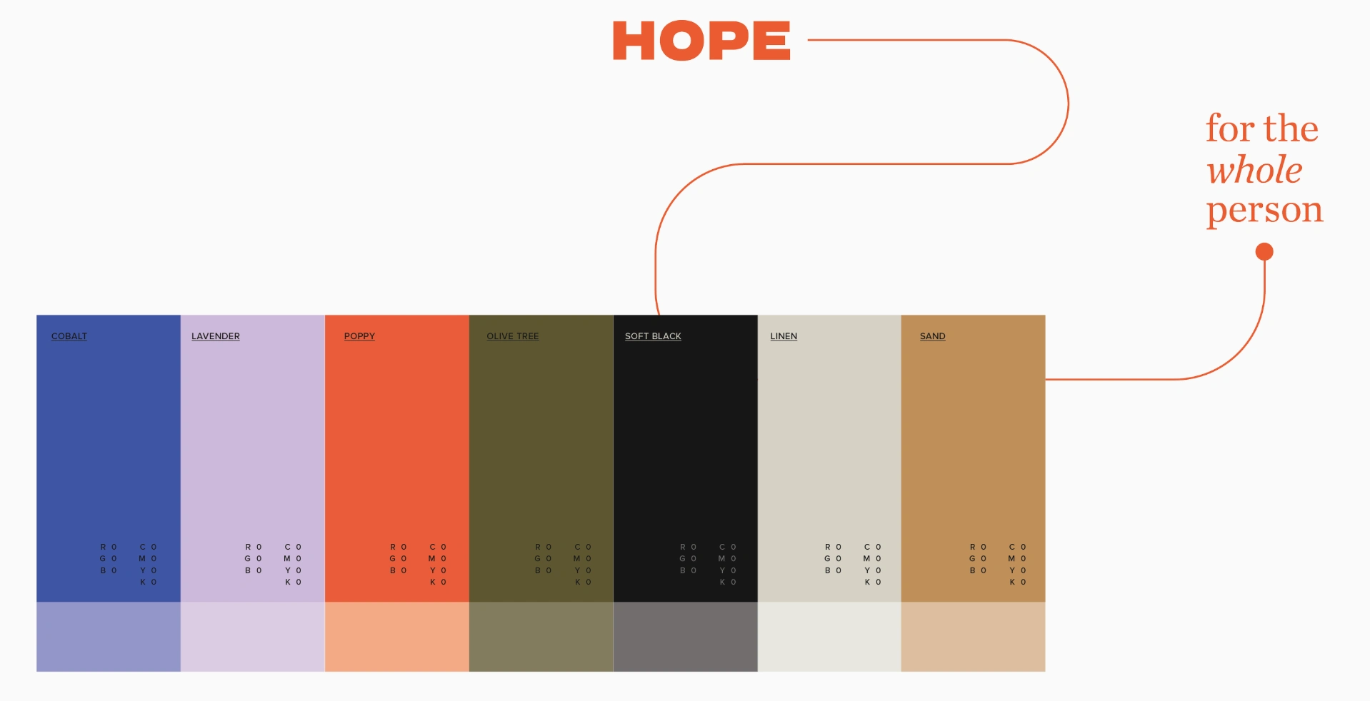 A warm, approachable palette was chosen to reflect Hope Center’s heart—balancing calm neutrals with uplifting tones that convey welcome and growth.