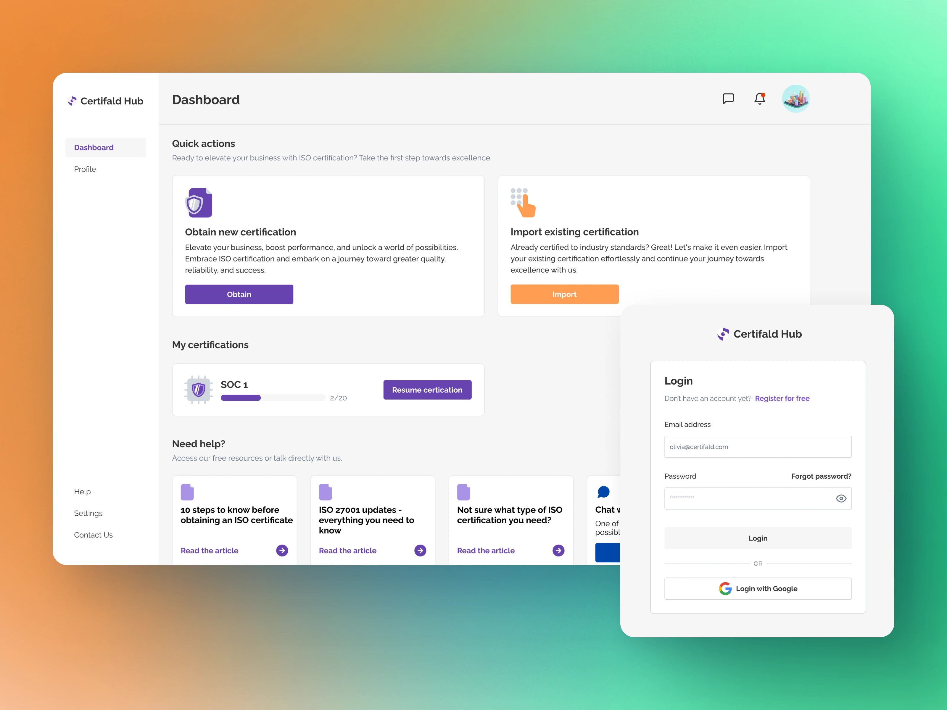 The main dashboard design & login screen