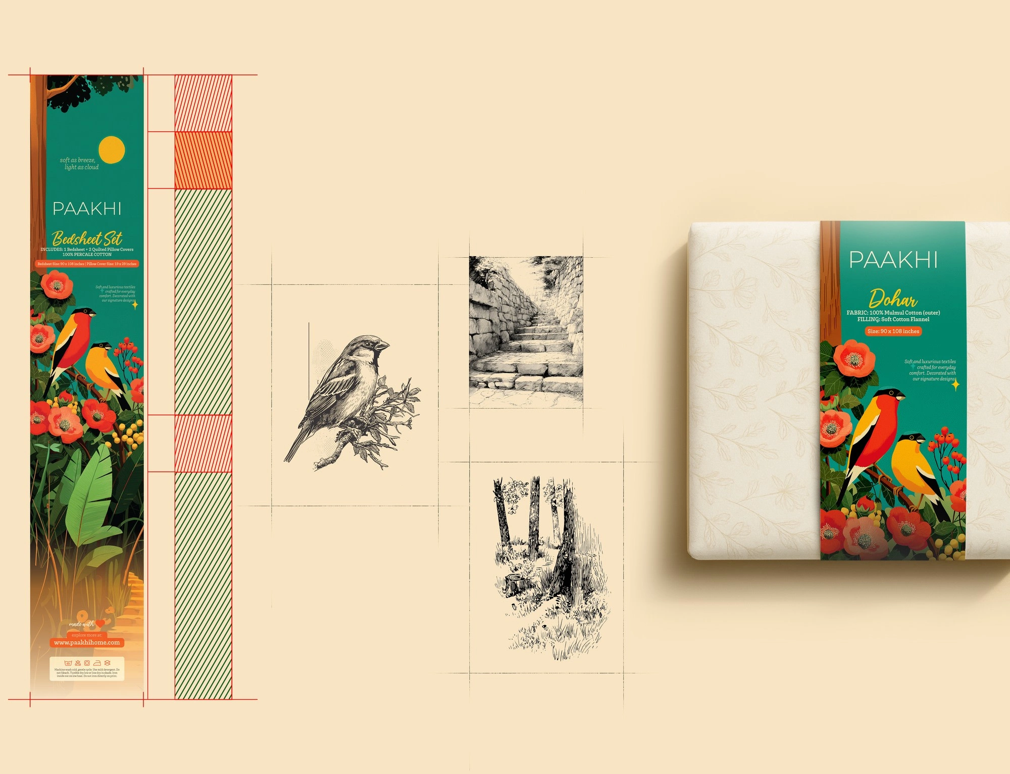 Paakhi means “bird” - a symbol of grace and lightness, which we wanted the packaging to reflect.

