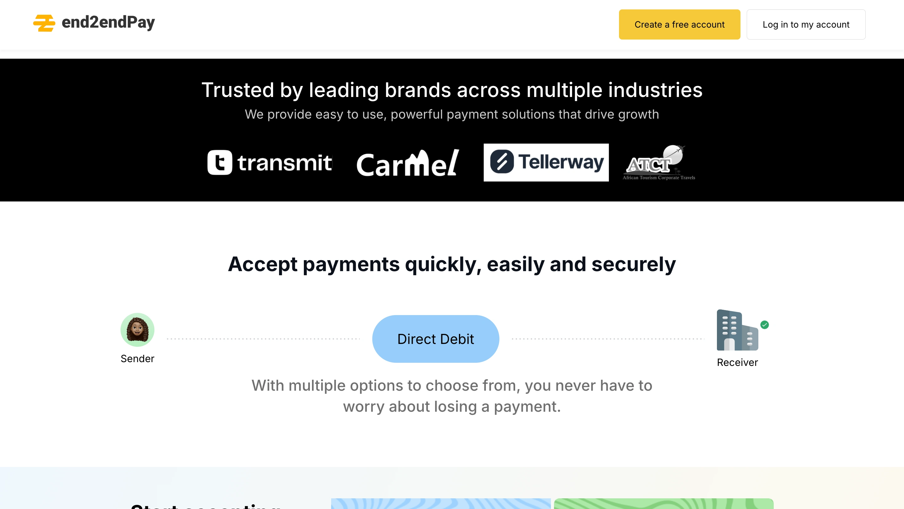 Section showing business that use end2end pay and various modes of payment