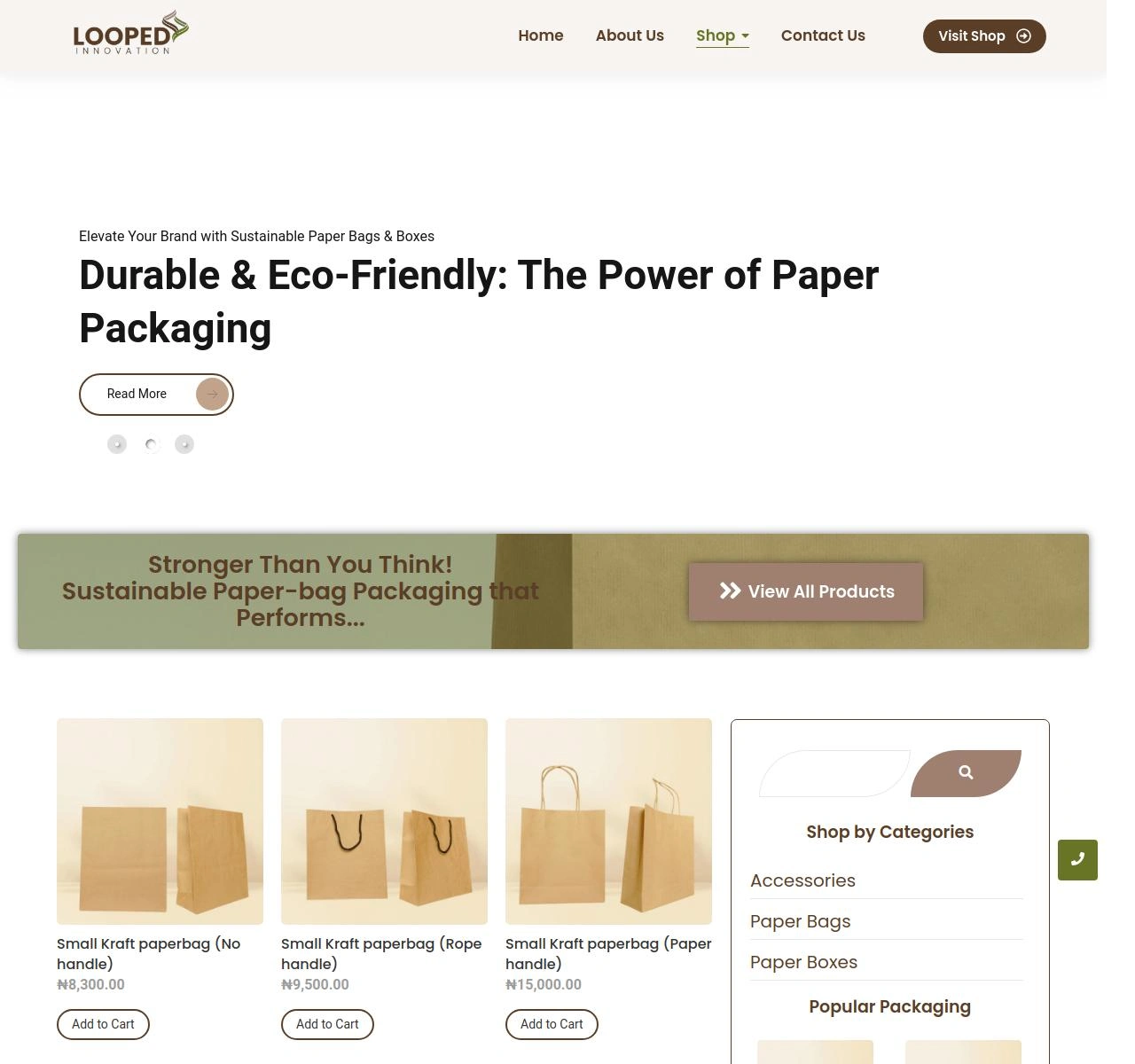 Looped innovation E-commerce paper bag site product listing page