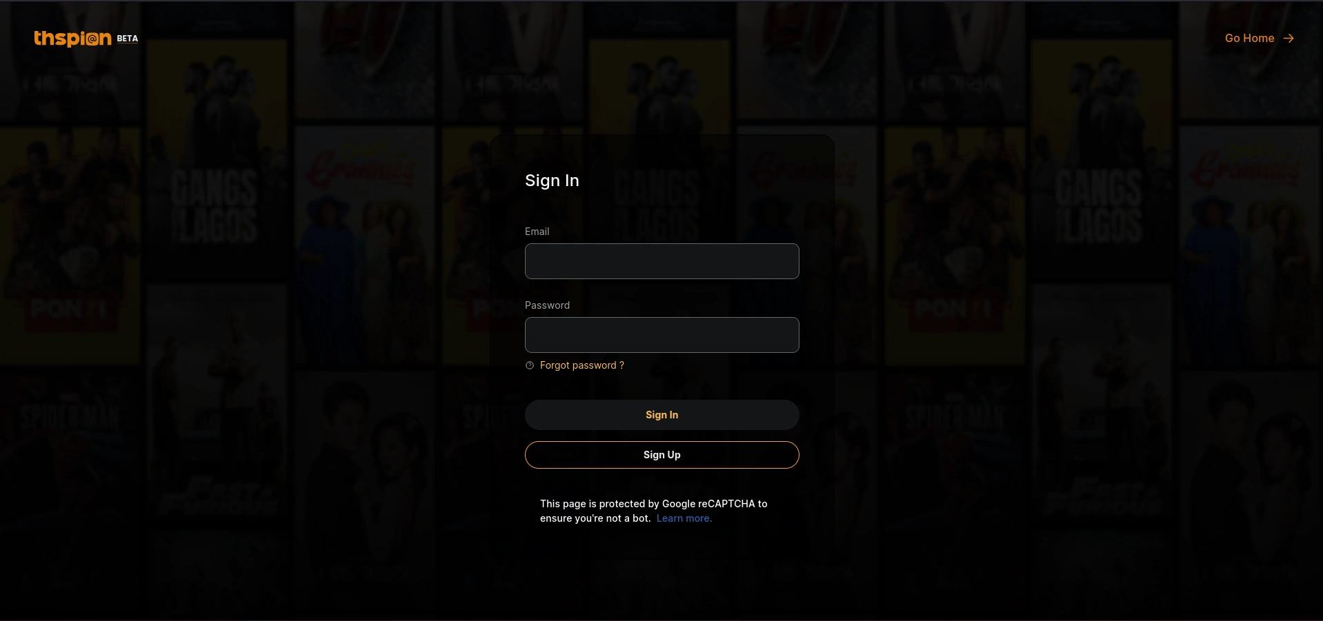 Sign in page where you can input credentials to register to the website.