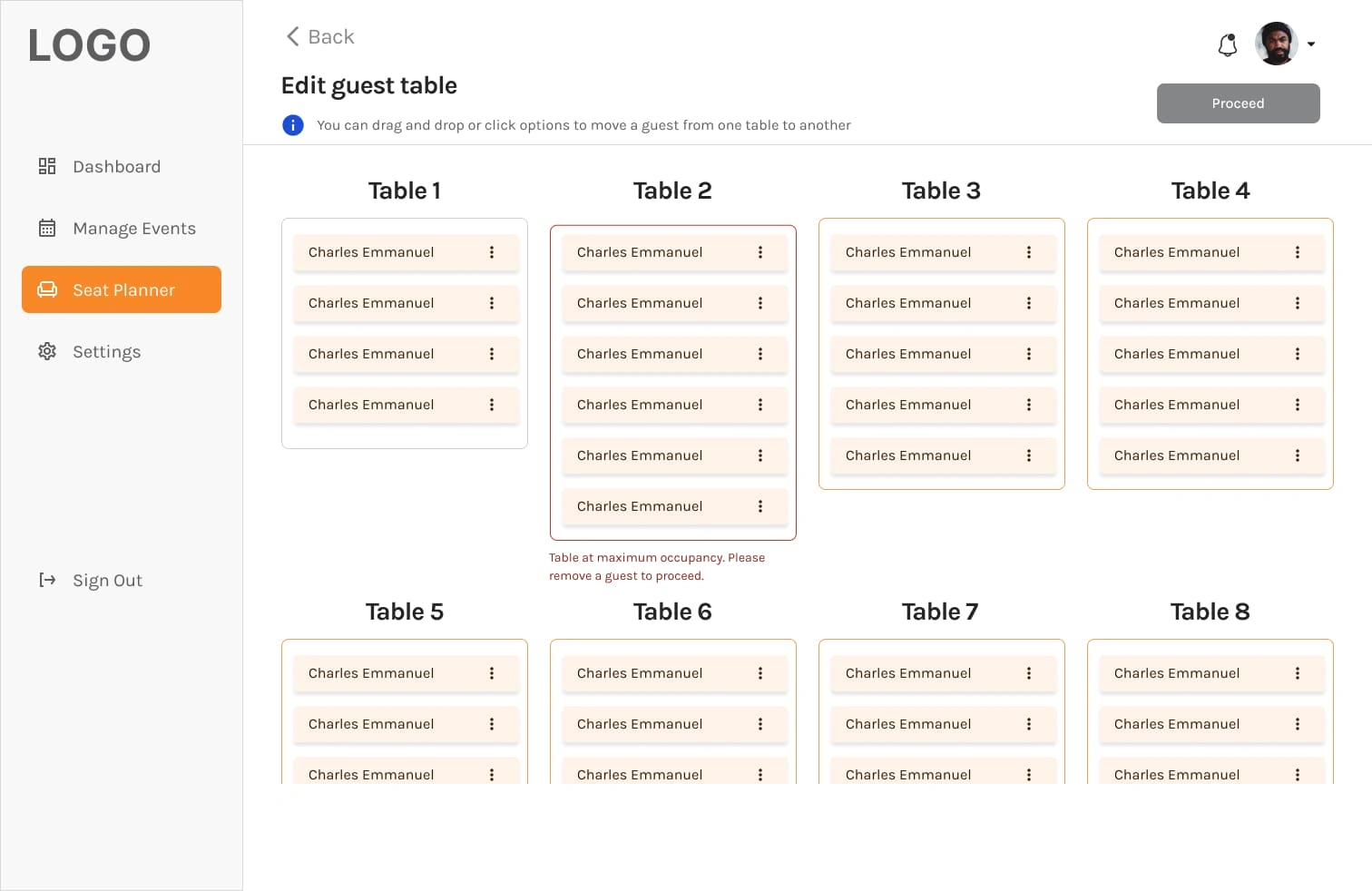 Editing a guest table with option to move a guest from one table to another