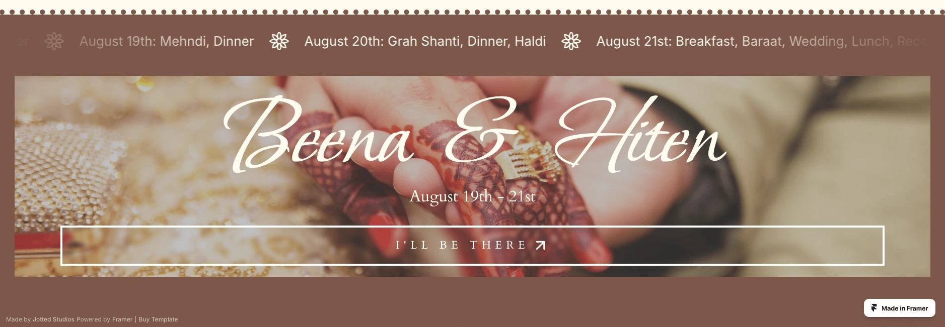 A beautiful footer on every page with a action button to RSVP to the wedding.