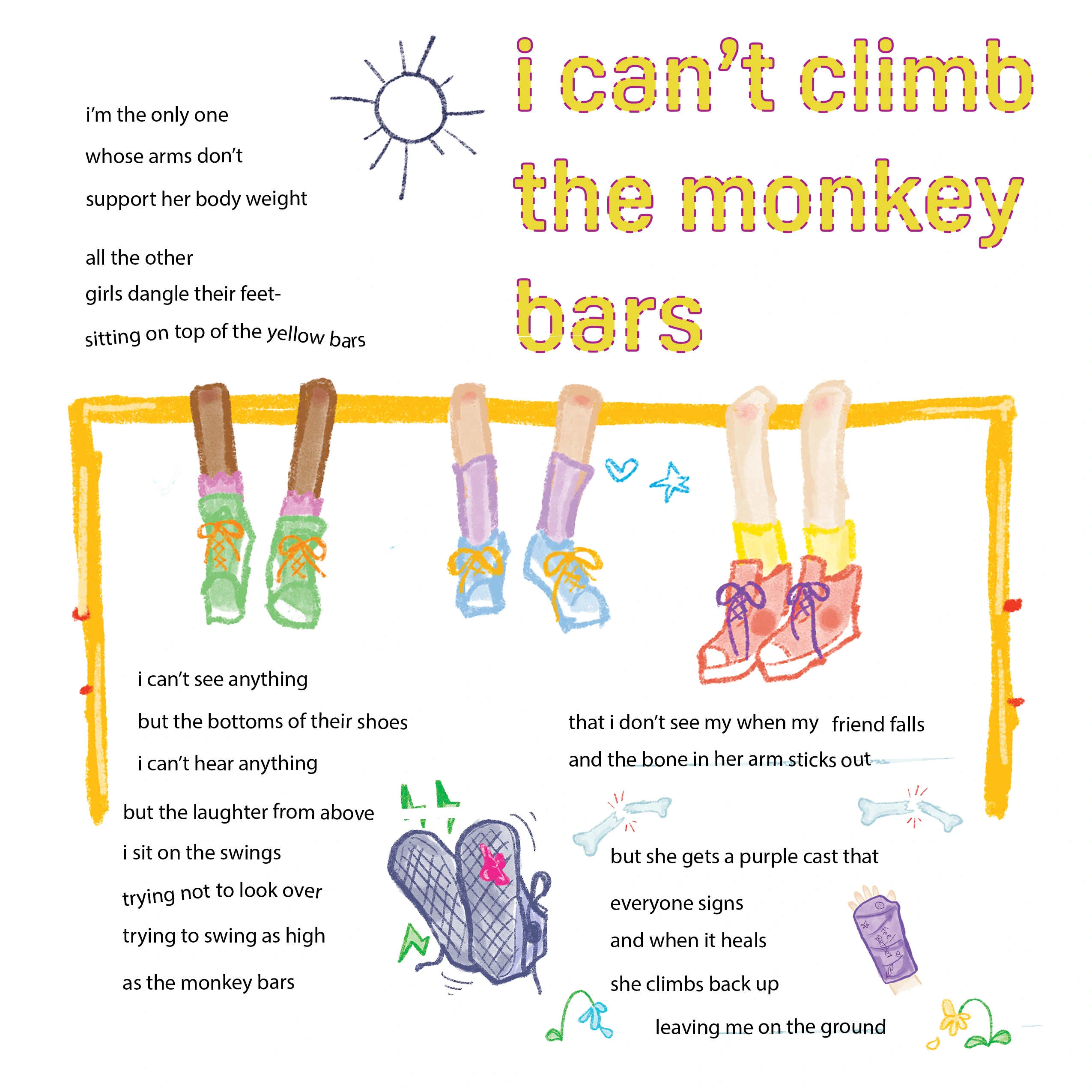 Design spread, featuring the poem i can't climb the monkey bars, by ily suckow ziemer and
visual art by khatima bulmer