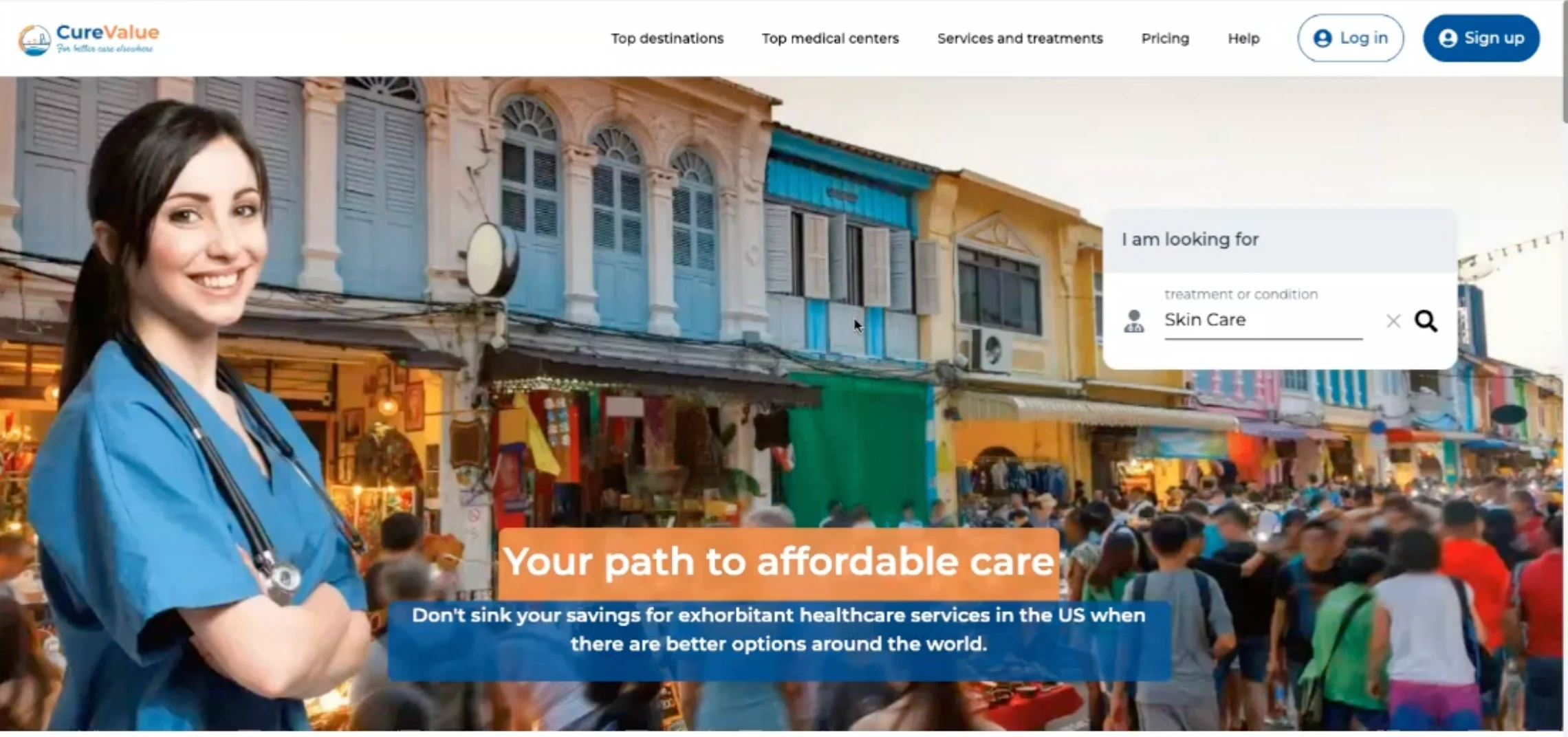 BEFORE: A search box with an unclear function that is easy to miss, site navigation that implies search functionality (by destination or facility) that does not exist, and copy that focuses on the negative instead of the problem CureValue solves.