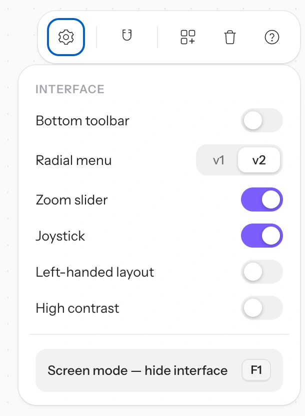 Settings panel — all display options in one place