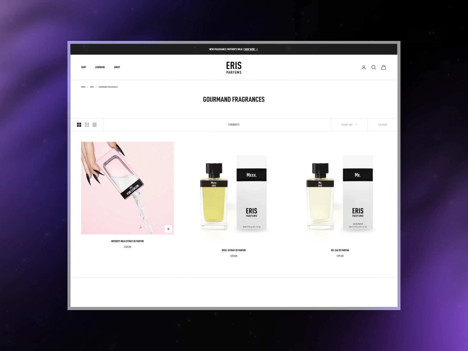 ERIS Parfums collection grid with hover state