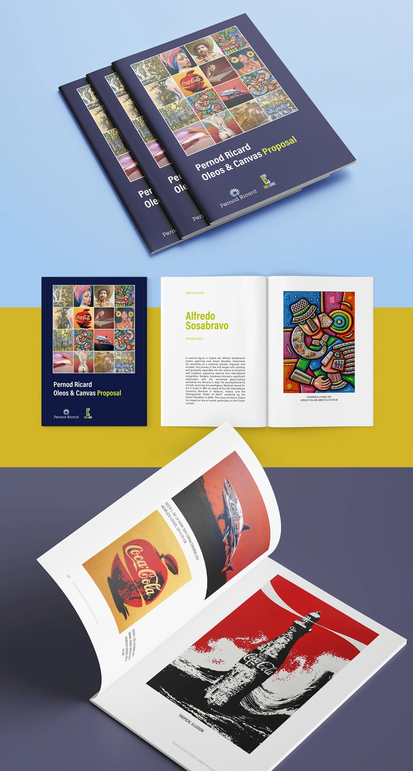 Proposal Book – Strategic Brand Alignment for Partnerships
Designed a high-end proposal book to pitch Oleos & Canvas to international partners like Pernod Ricard. The clean layout and vibrant artwork showcased the brand’s professionalism while staying true to its artistic soul — key to securing collaborations. 

