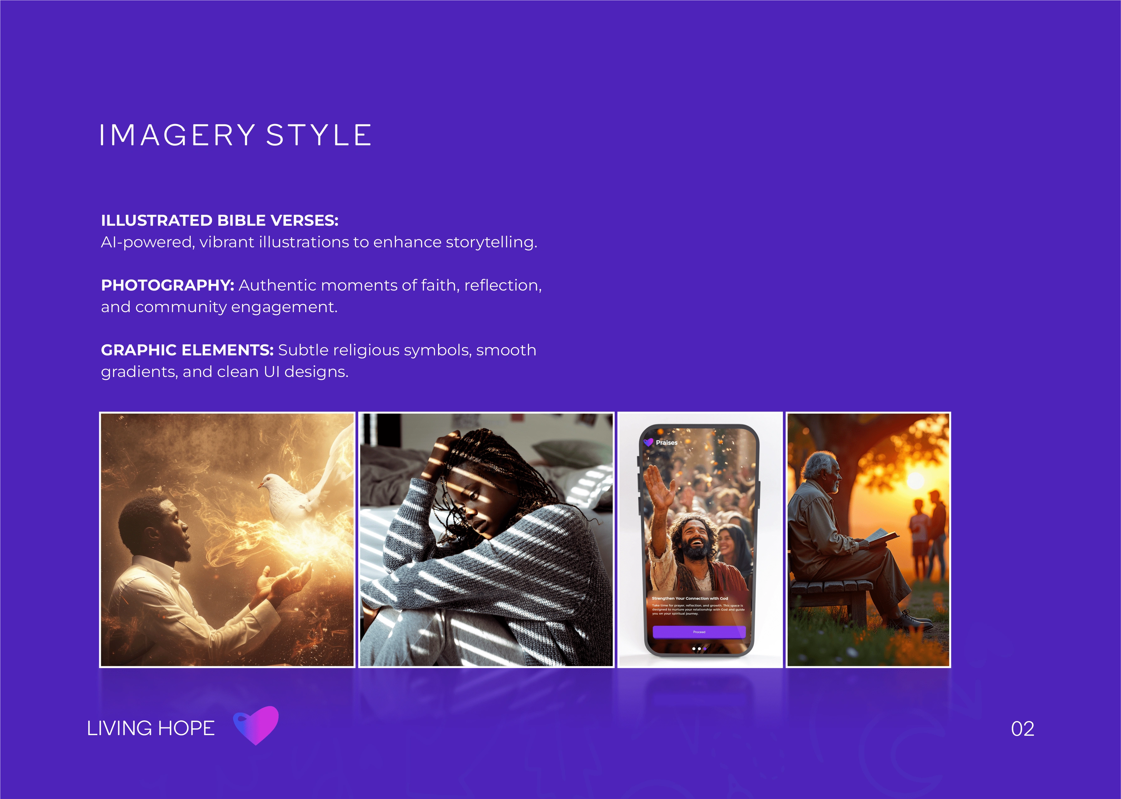 The app’s unique selling points include an AI-powered illustrated Bible, daily inspiration, mood-based scripture recommendations, and community sharing.