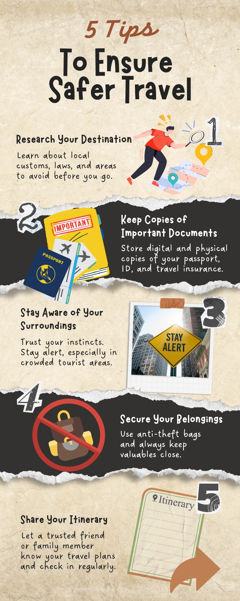 A vibrant, visually playful infographic created as a smaple. It uses illustrated icons and a travel-themed background to deliver helpful safety tips with personality. 