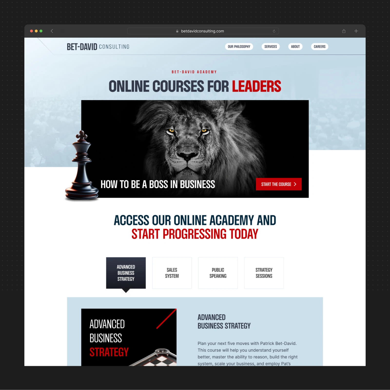 Lion imagery commands attention while course navigation simplifies learning paths. Bold typography drives enrollment.