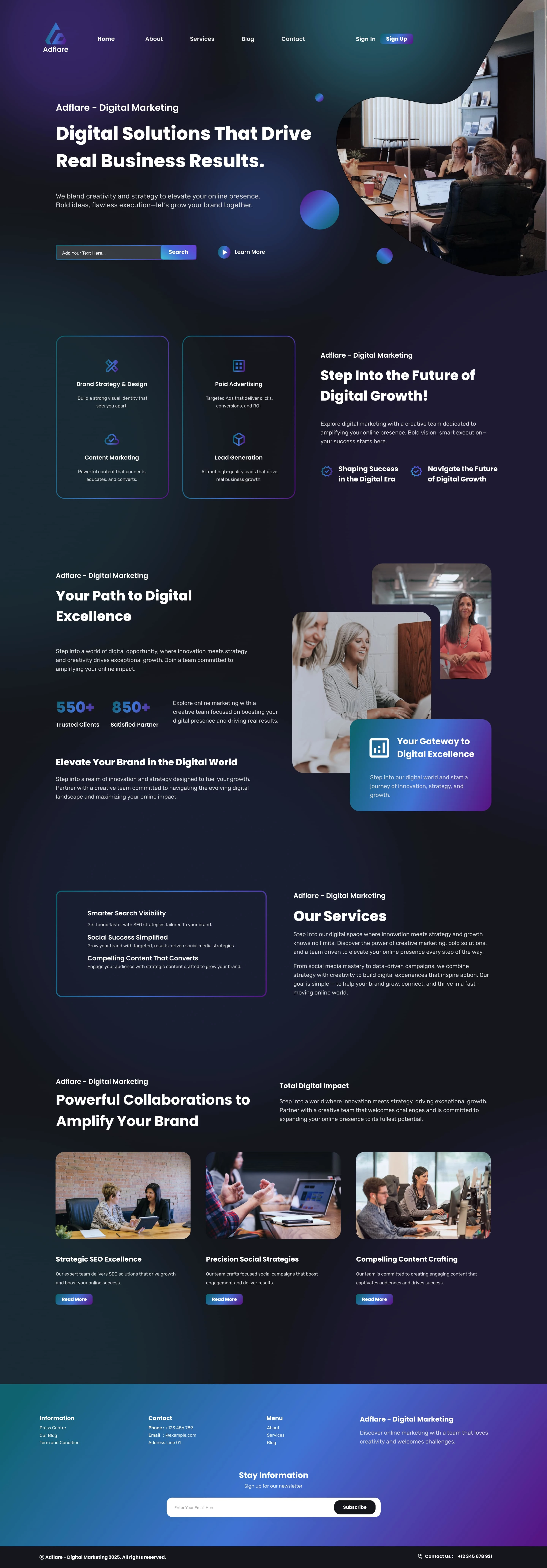 AdFlare is a dynamic digital marketing agency focused on helping brands ignite their growth through innovative and data-driven strategies. This project involved designing a modern, professional website and visual brand identity that clearly communicates AdFlare’s expertise, services, and unique value proposition to potential clients across diverse industries.