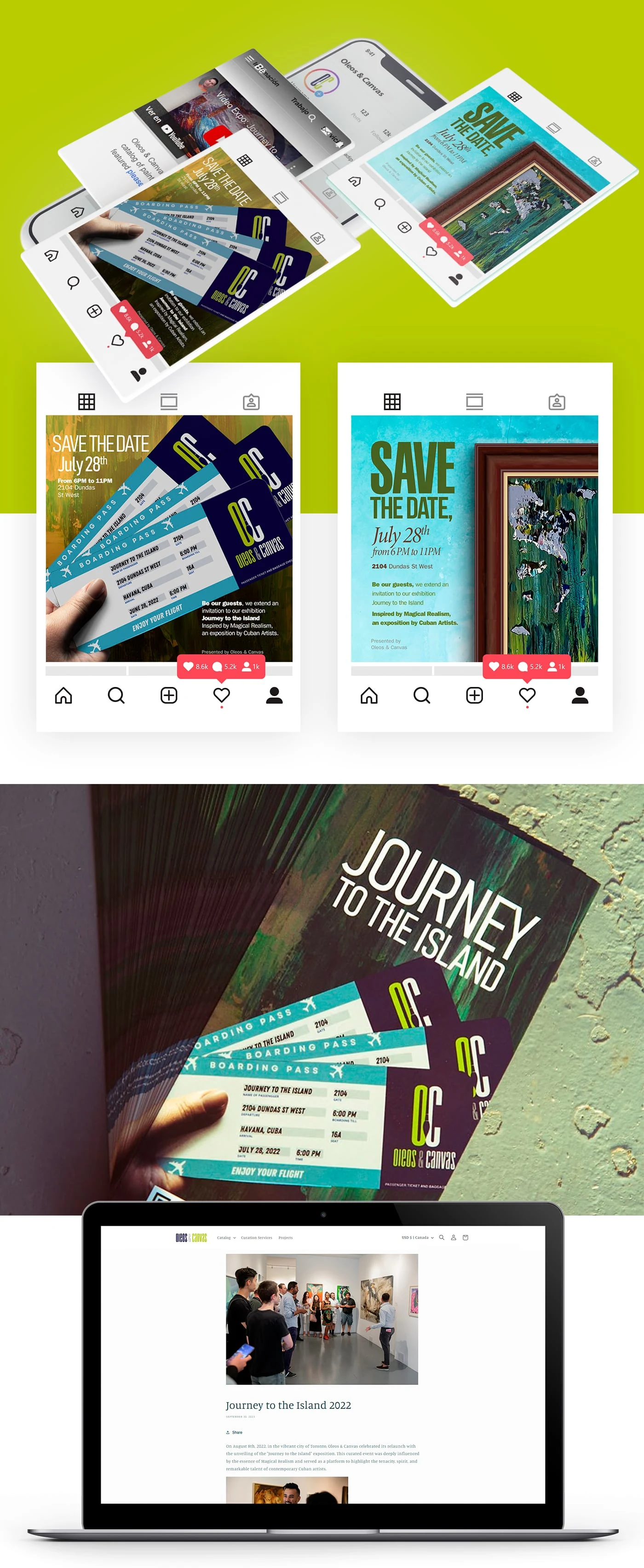 Journey to the Island” – Event Branding & Print Design
Designed boarding pass-style invitations and posters for this magical realism-inspired exhibition. The travel motif became a recurring theme, symbolizing cultural exchange and artistic discovery — reinforcing the brand’s core message. 