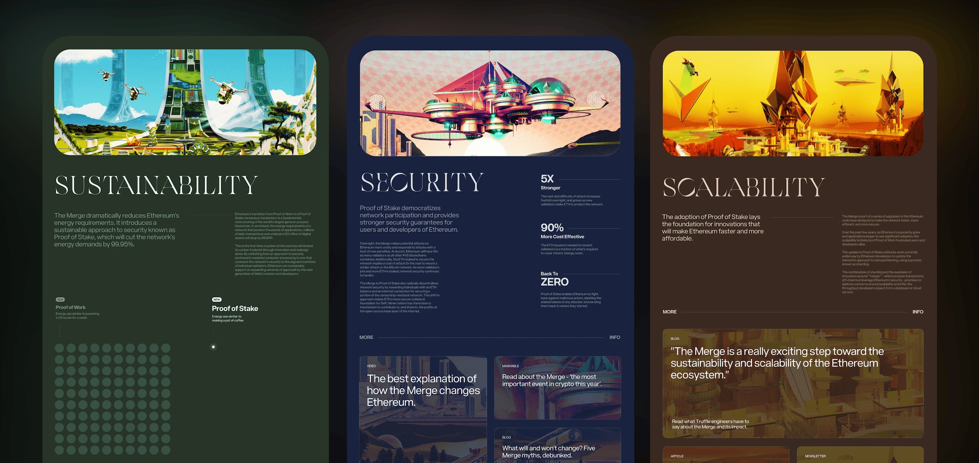 Each section of the site is themed around a retro-futuristic illustration as a way to tie into the larger Ethereum brand while still being unique to Consensys.