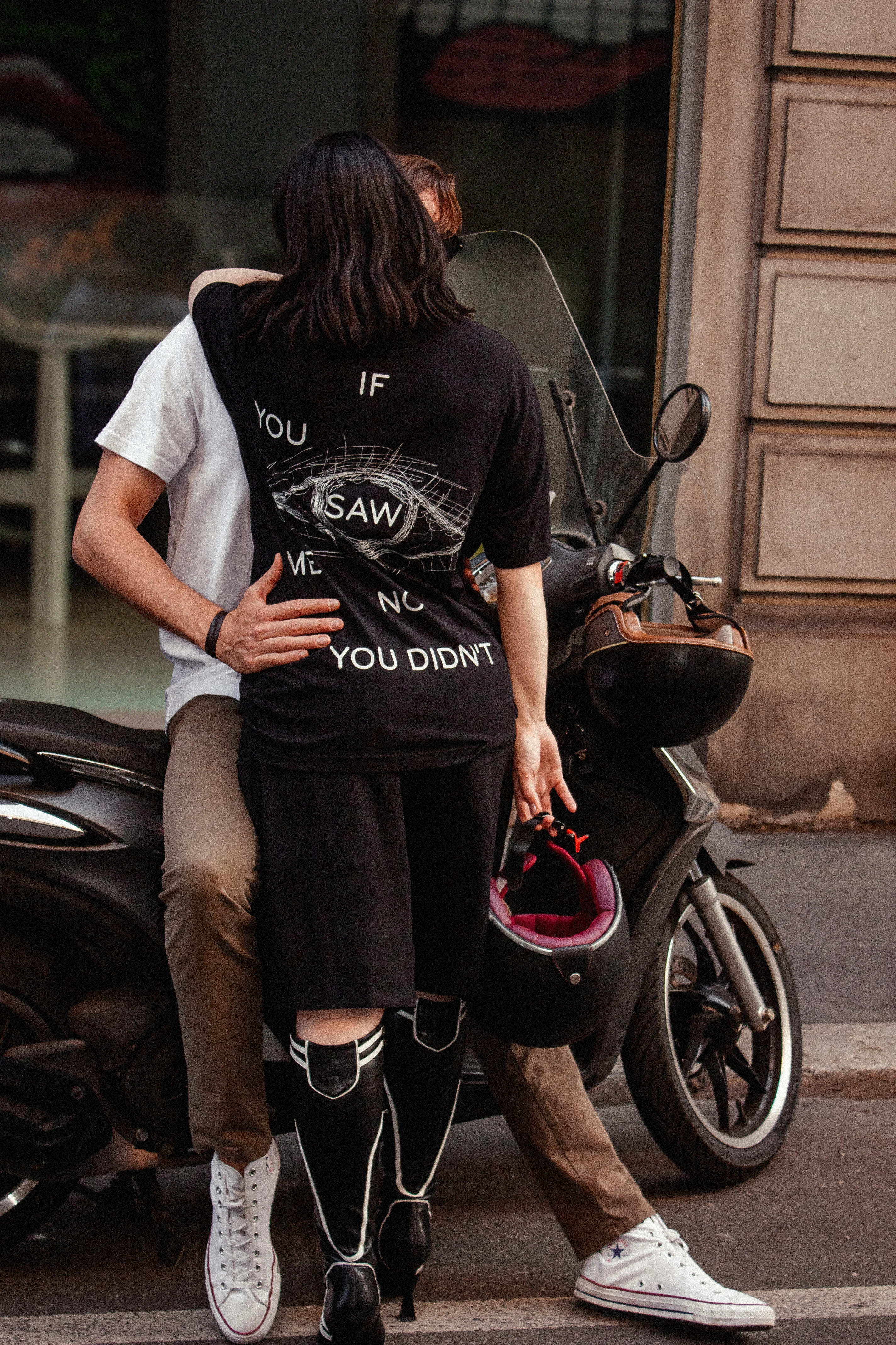 content for campaigns + social. website copy: Consider this your invisibility cloak, your NDA ensuring none of your naughty behaviour will be publicly aired. A random Tuesday bender with an audience? No problem. No snitches and no paps allowed.

Oversize Unisex Black T-shirt with a large-scale white print on the back