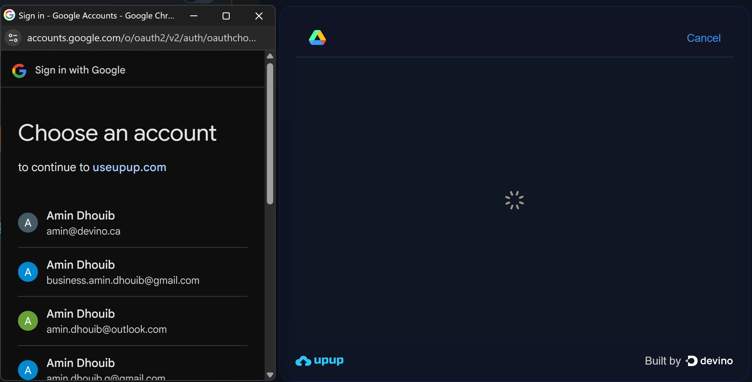 Clicked on GDrive button, new window pops to select account