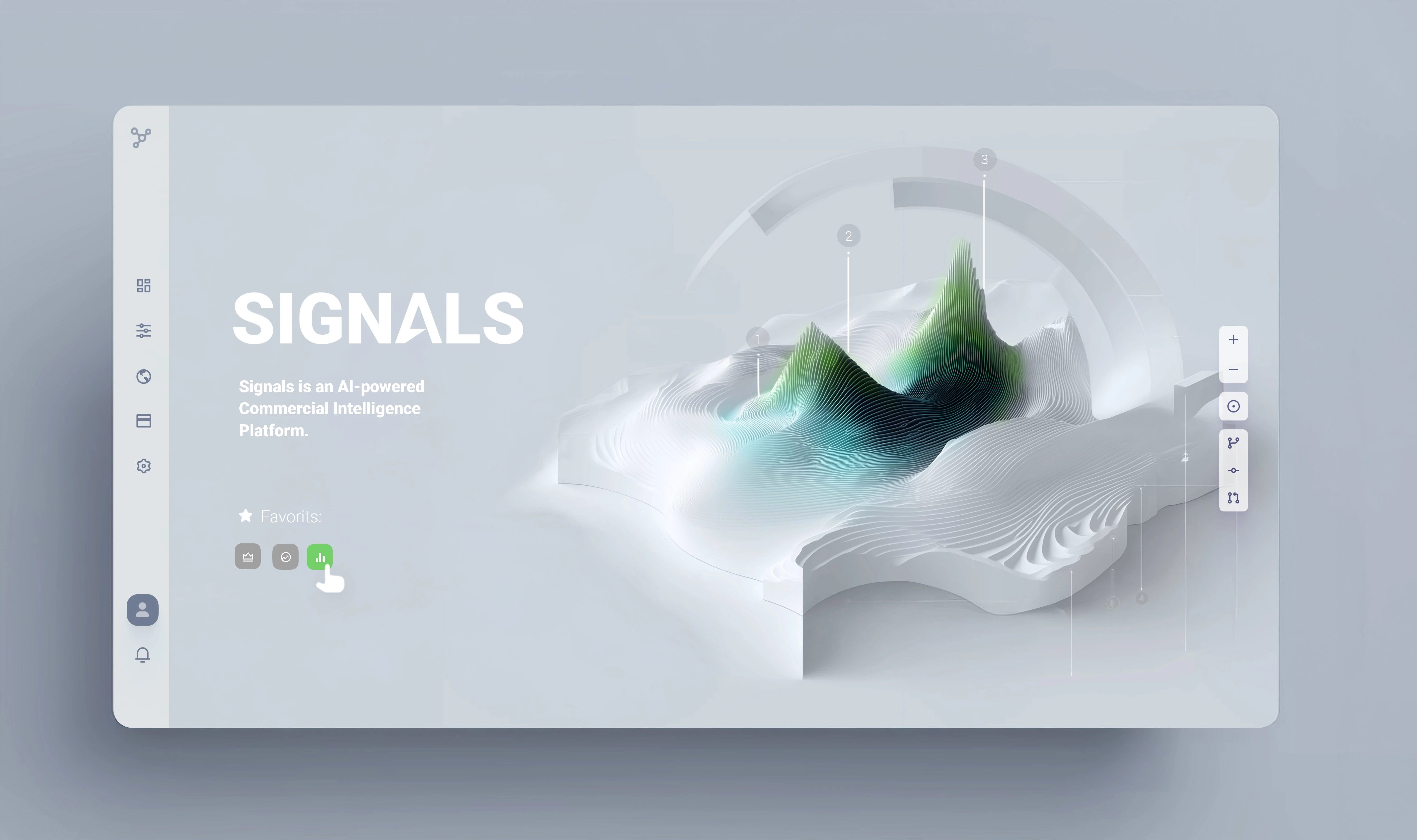 This direction explores how familiar analytical visuals (grids, arcs, markers) can merge with a more fluid insight model, creating clarity without losing the organic feel of emerging opportunities.