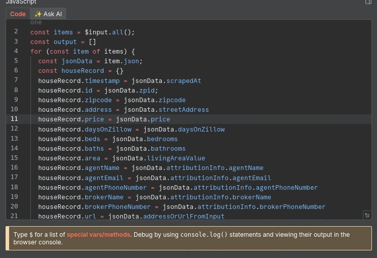 Parsing out specifics after transforming raw input from Zillow /Apify