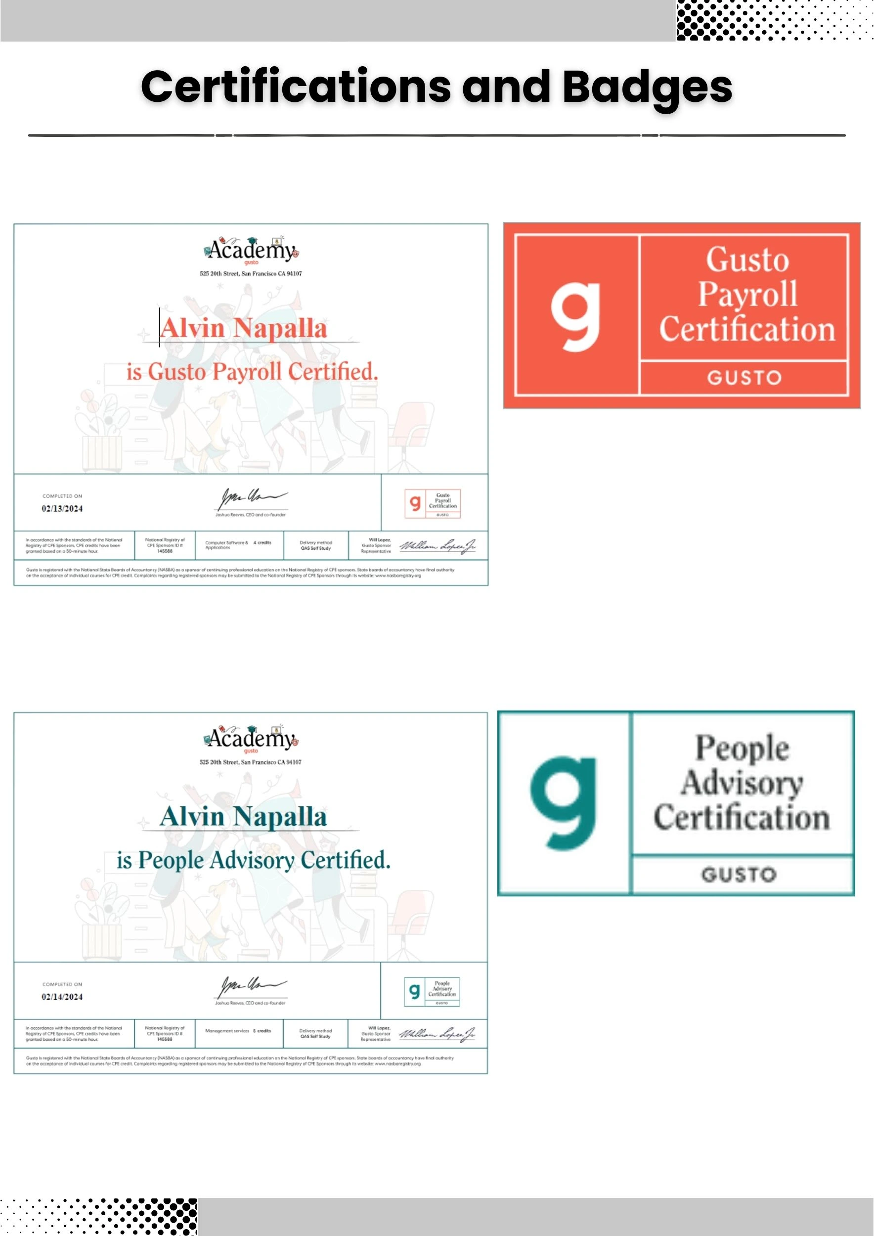 Gusto Certificates