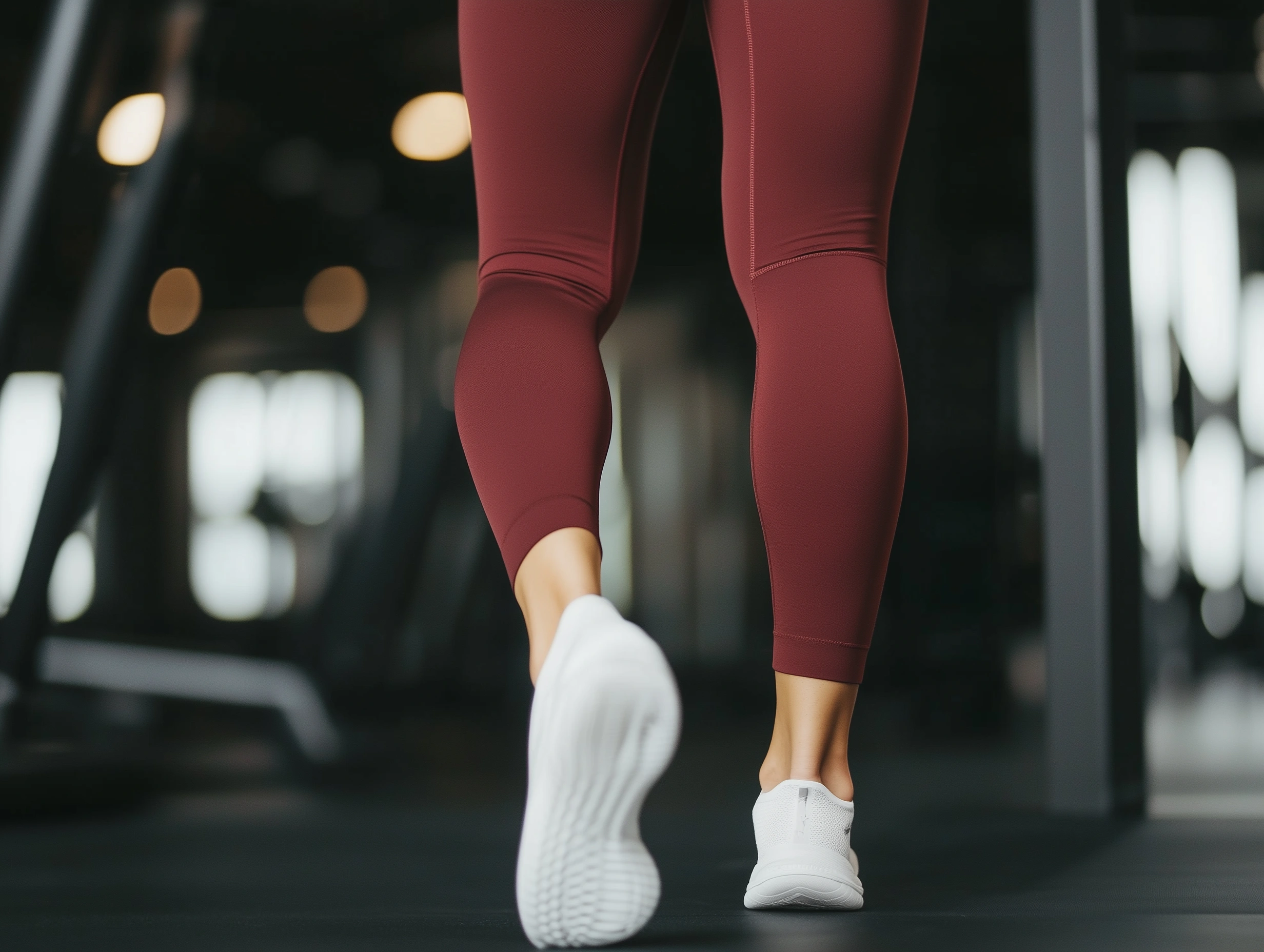 High-performance workout leggings being worn during intensive training session. Dynamic movement captured with freeze-frame clarity in modern gym setting. Flamboyant color palette with energetic reds, powerful black, and bold contrast. Professional fitness photography with action-focused composition showing flexibility and durability during exercise. Negative prompt: static pose, relaxed setting, passive activity, dull lighting, weak composition, uninspiring environment, lack of energy, lifeless movement
