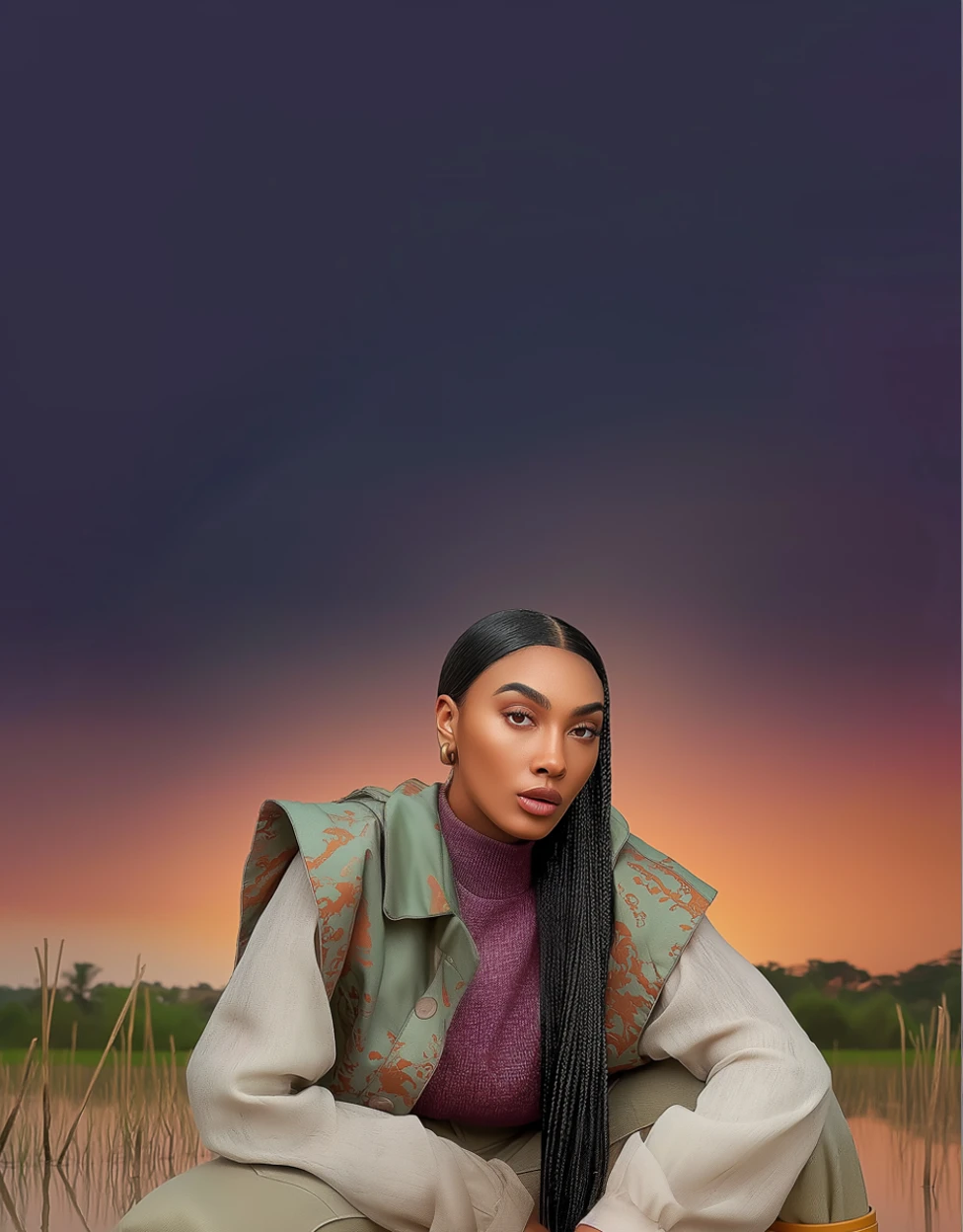 A stylish woman with poses outdoors at sunset, wearing a patterned vest and purple turtleneck, with a serene landscape behind.