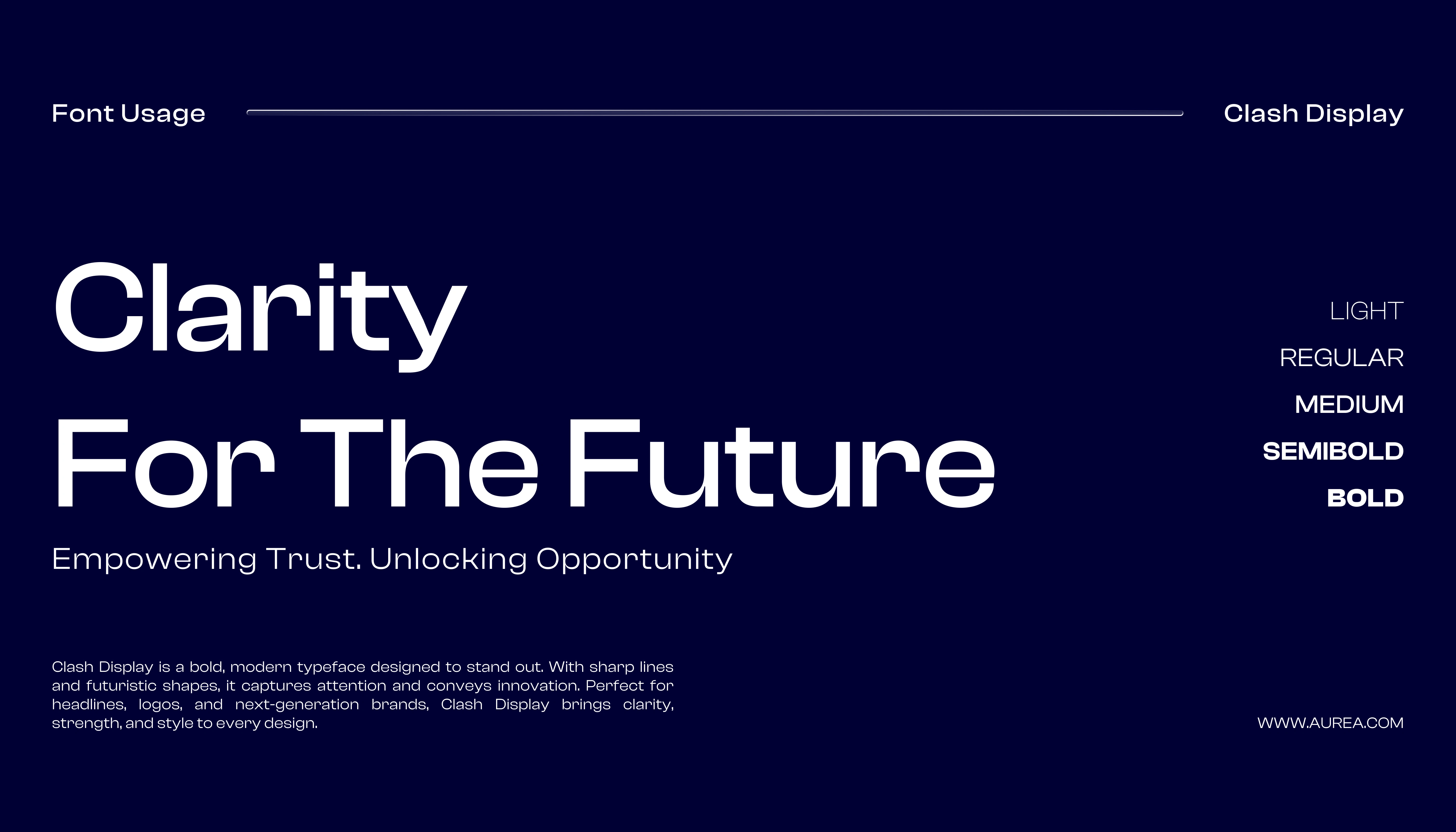 The typography combines a modern sans-serif for clarity and digital readiness with a refined serif accent for elegance. This pairing balances innovation with timeless sophistication, perfectly aligning with AUREA’s positioning.